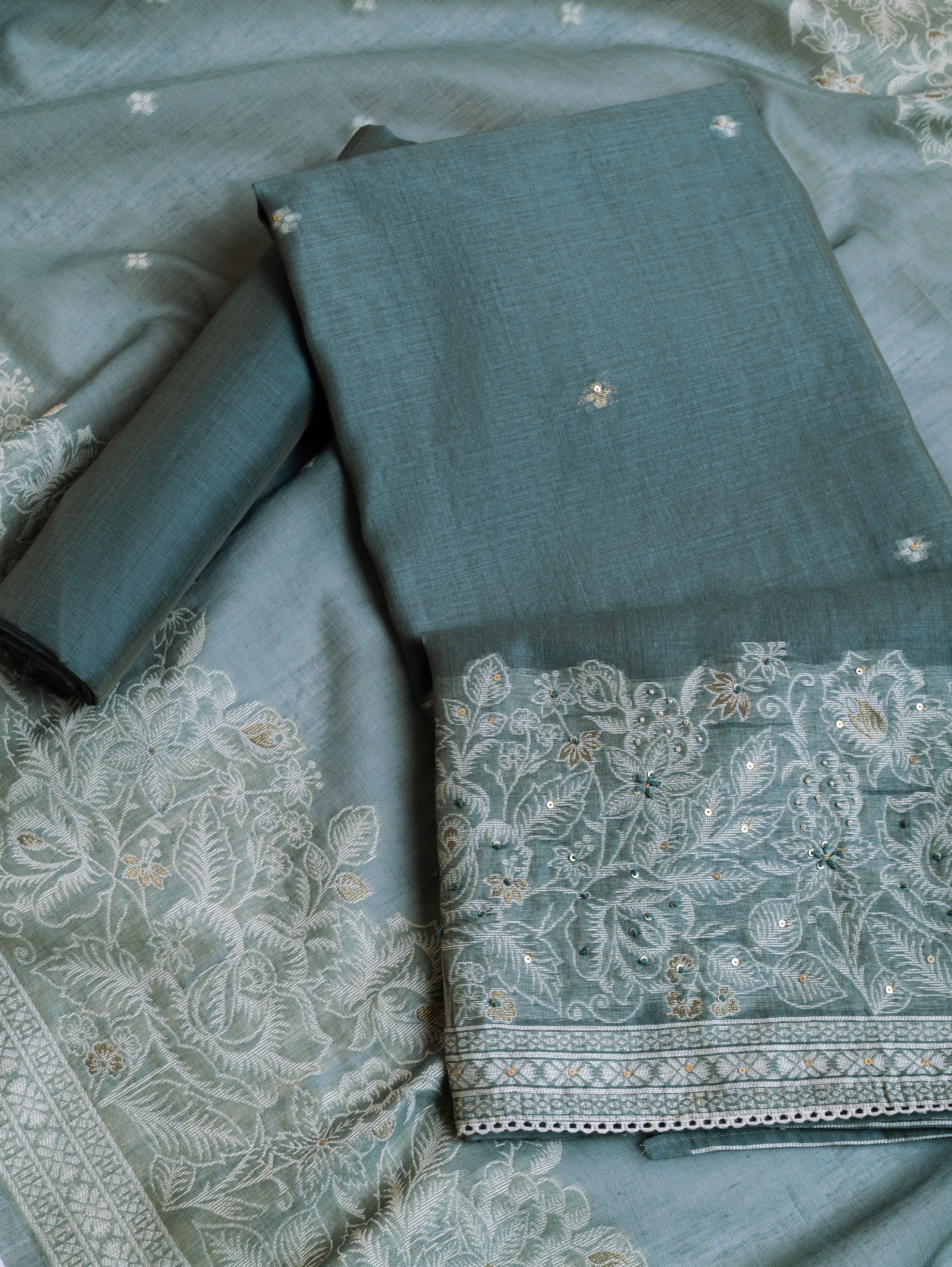Linen Blue Cotton Blend Suit Set