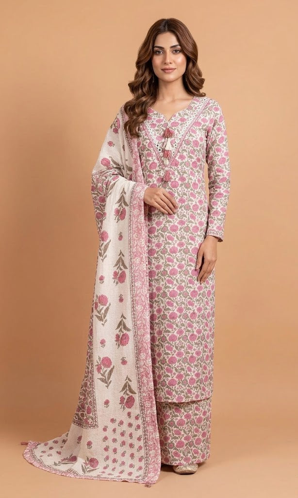 Afreen White With Pink Cotton Unstitched Suit Set