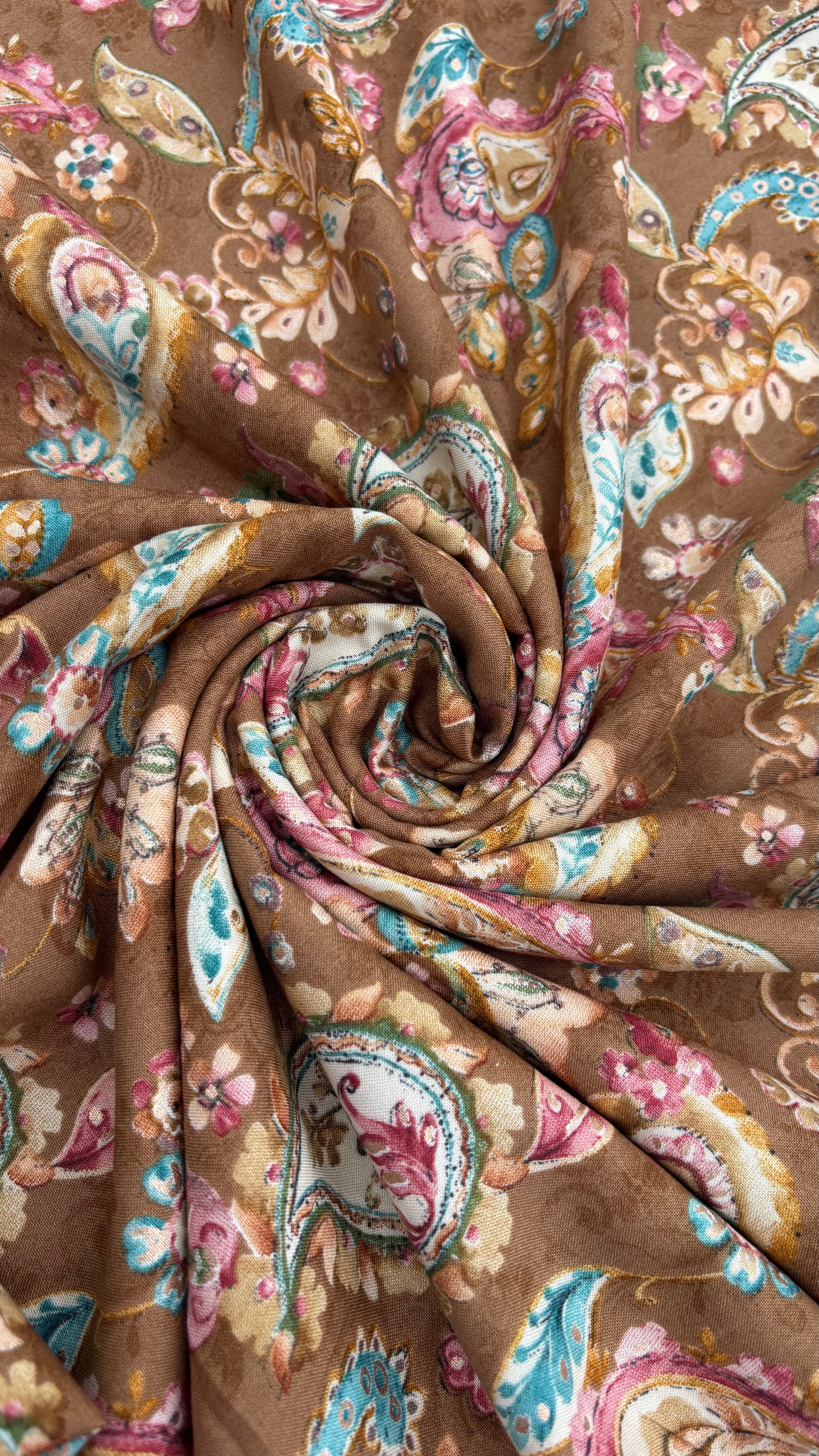 Brown Rayon Cotton Foil Printed Fabric Sterling House