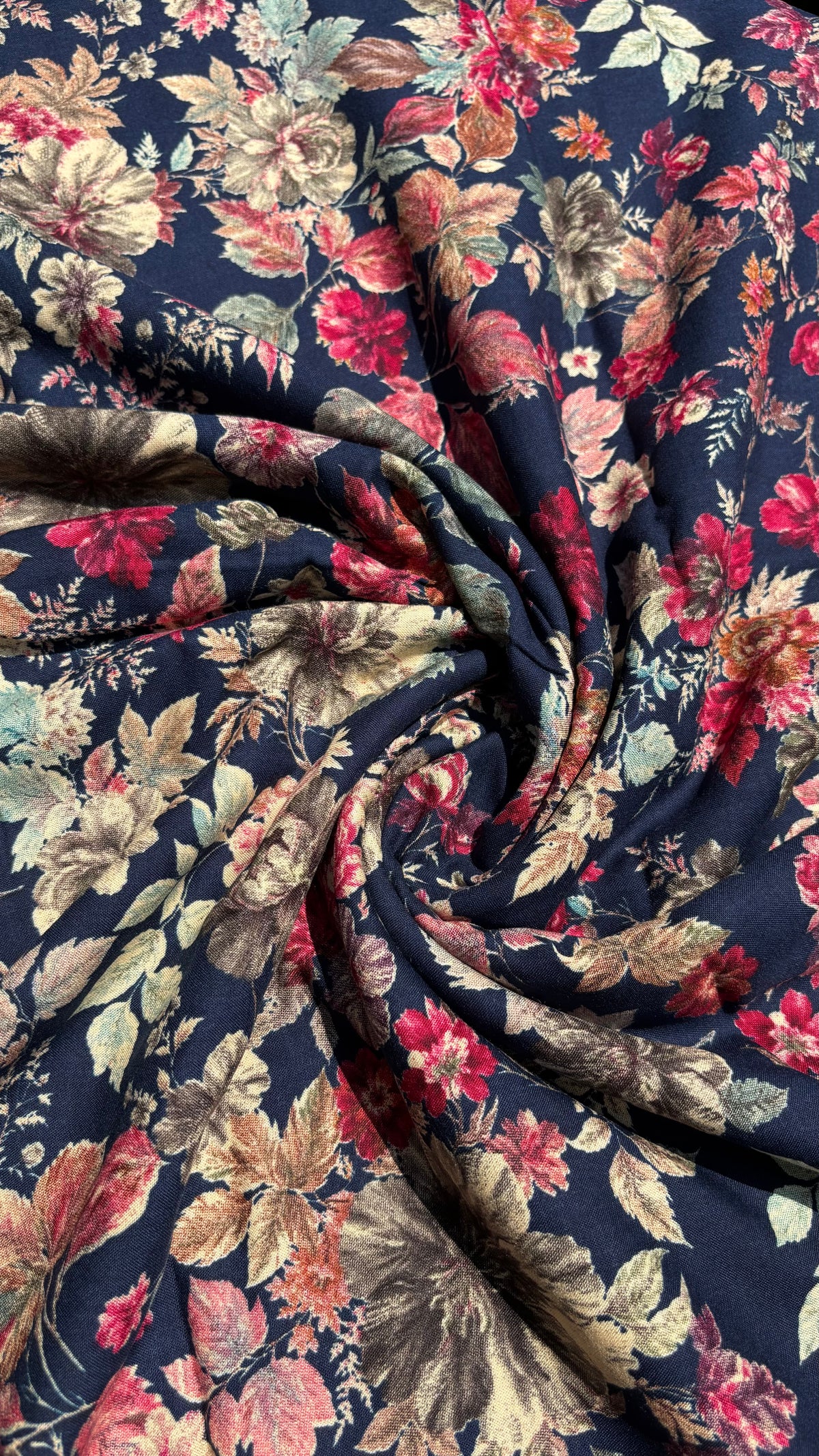 Navy Vintage Floral Printed Rayon Fabric