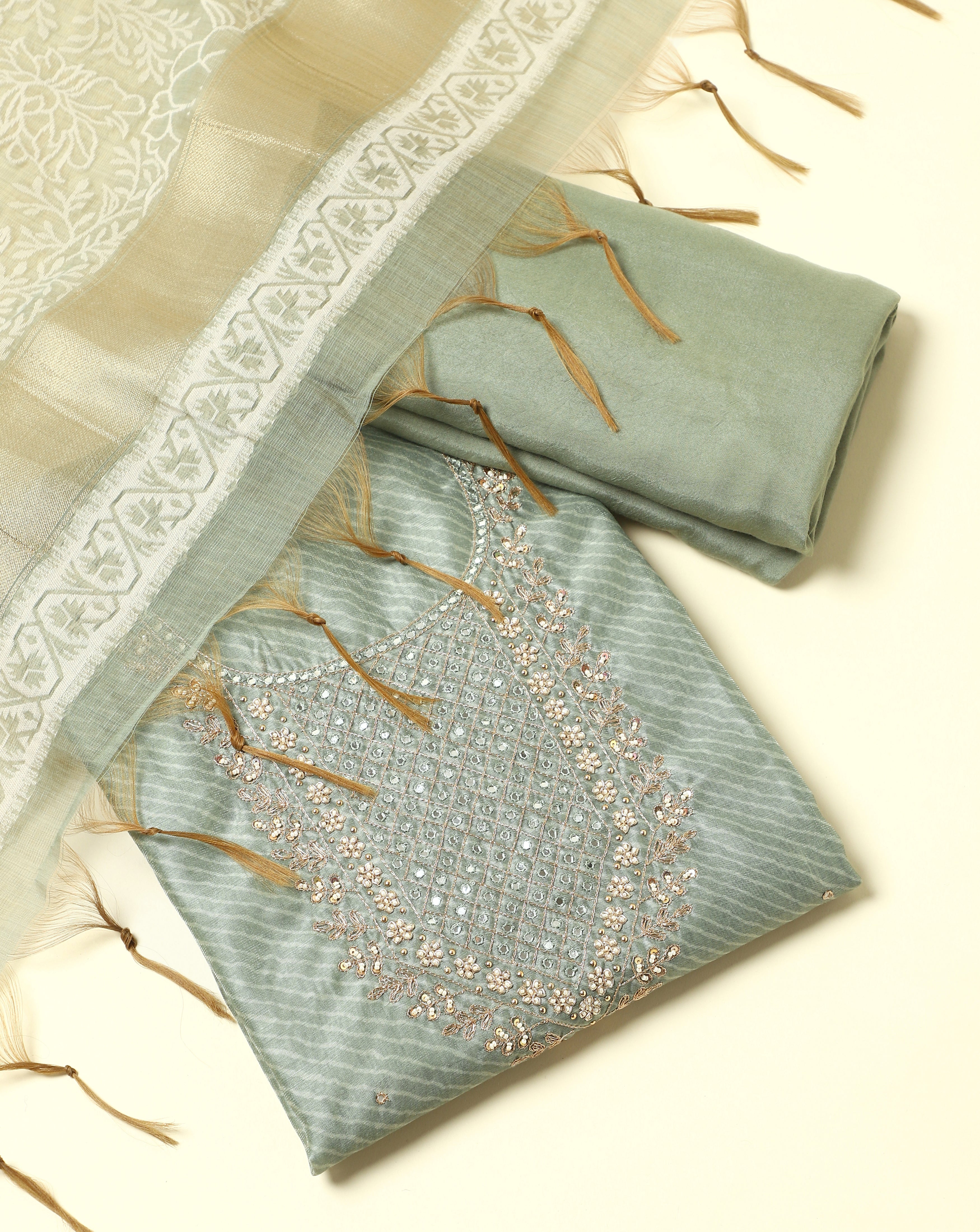 Luxe Chanderi Lehriya and Jamdani Suit Set