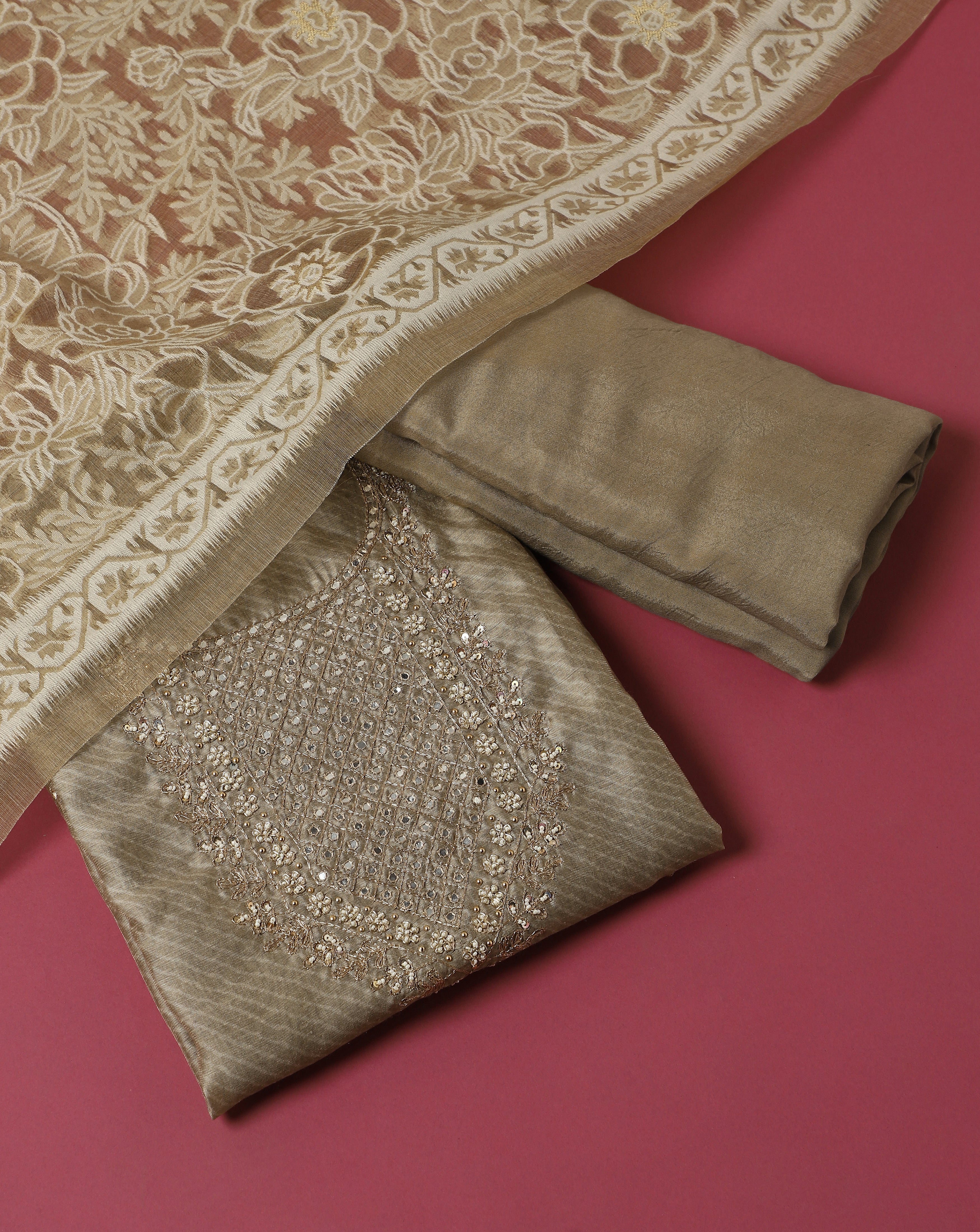 Luxe Chanderi Lehriya and Jamdani Suit Set