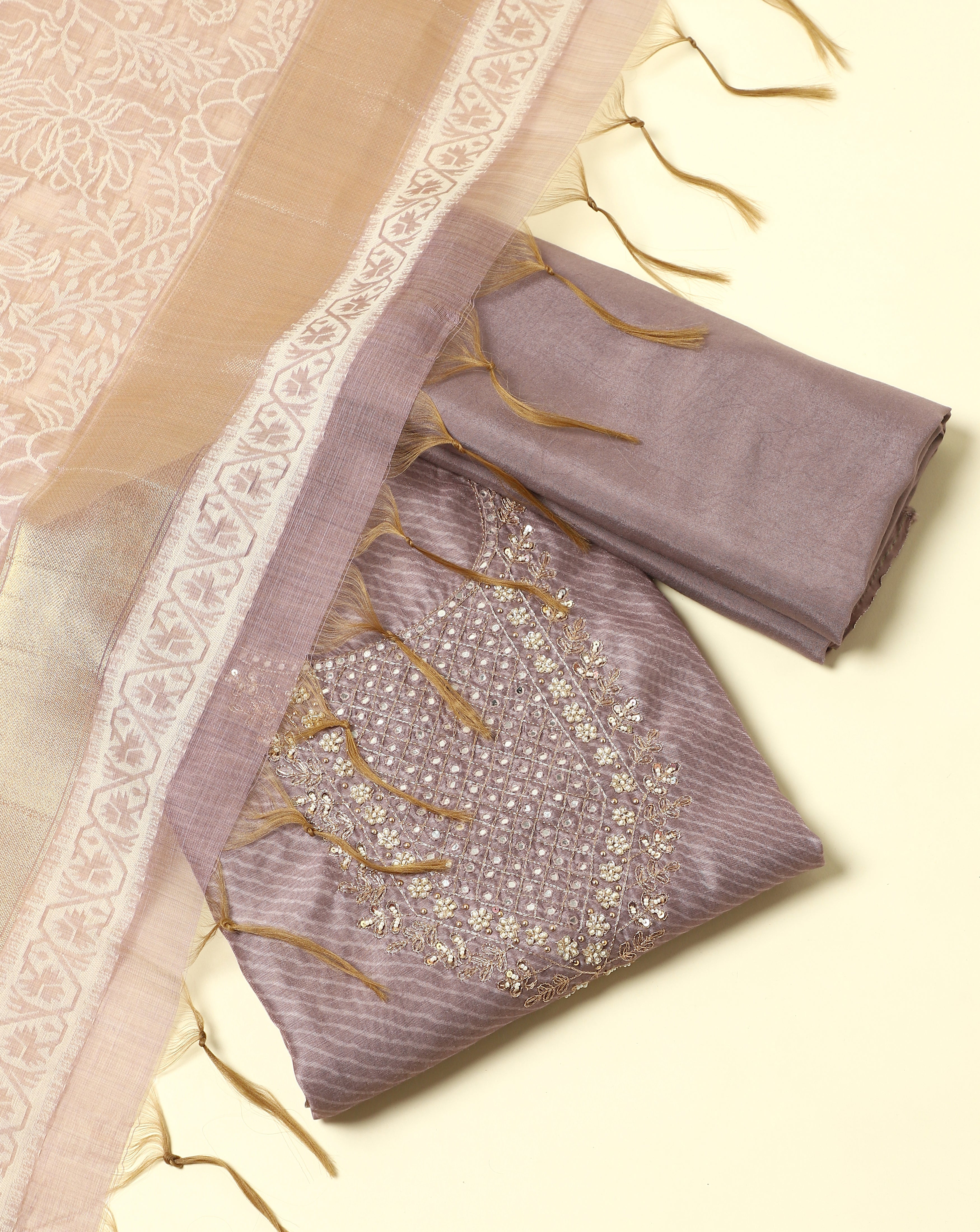 Luxe Chanderi Lehriya and Jamdani Suit Set