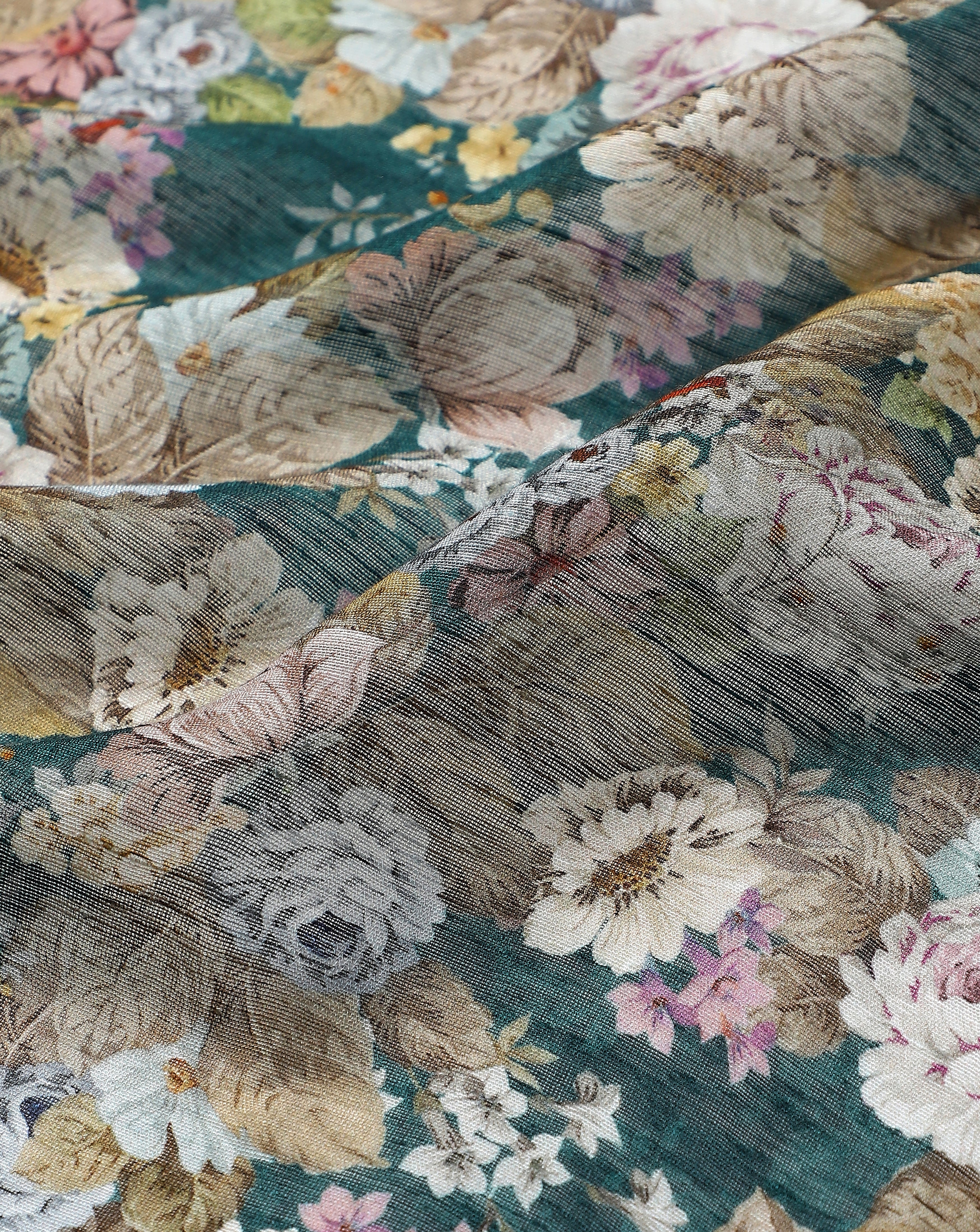 Bottle Green Print Linen Blend Fabric