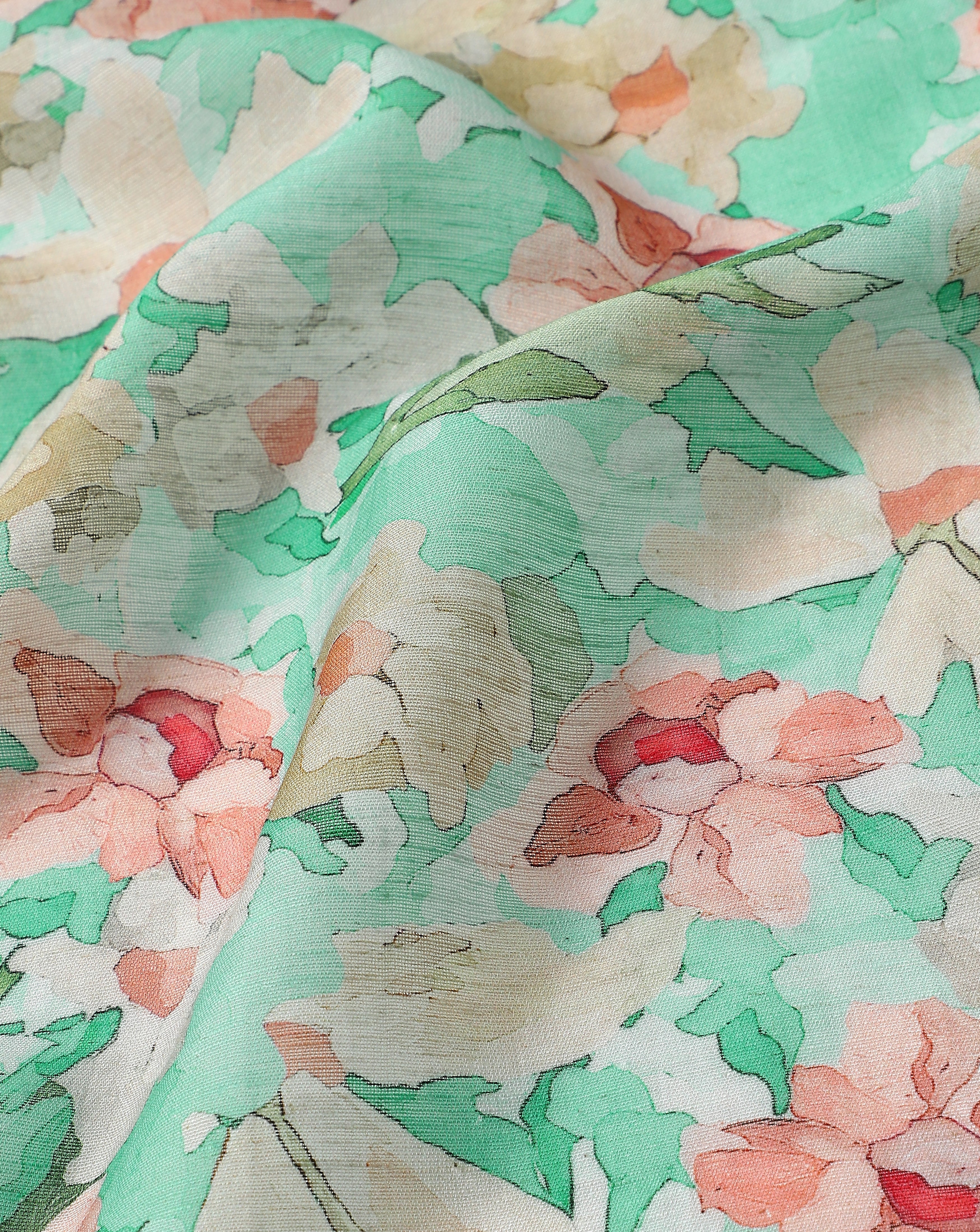 Linen Aqua Green Floral Print Linen Blend Fabric