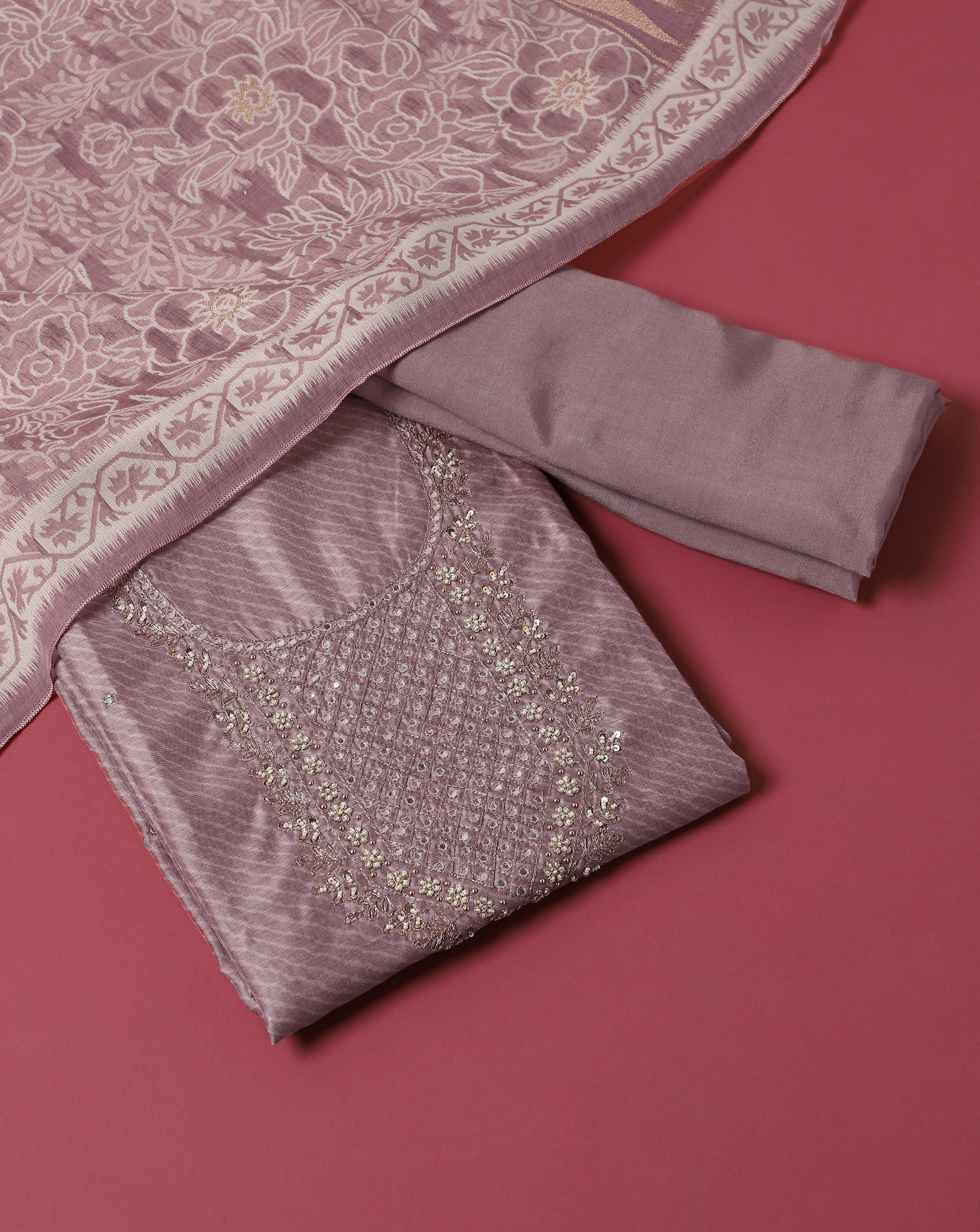 Luxe Chanderi Lehriya and Jamdani Suit Set