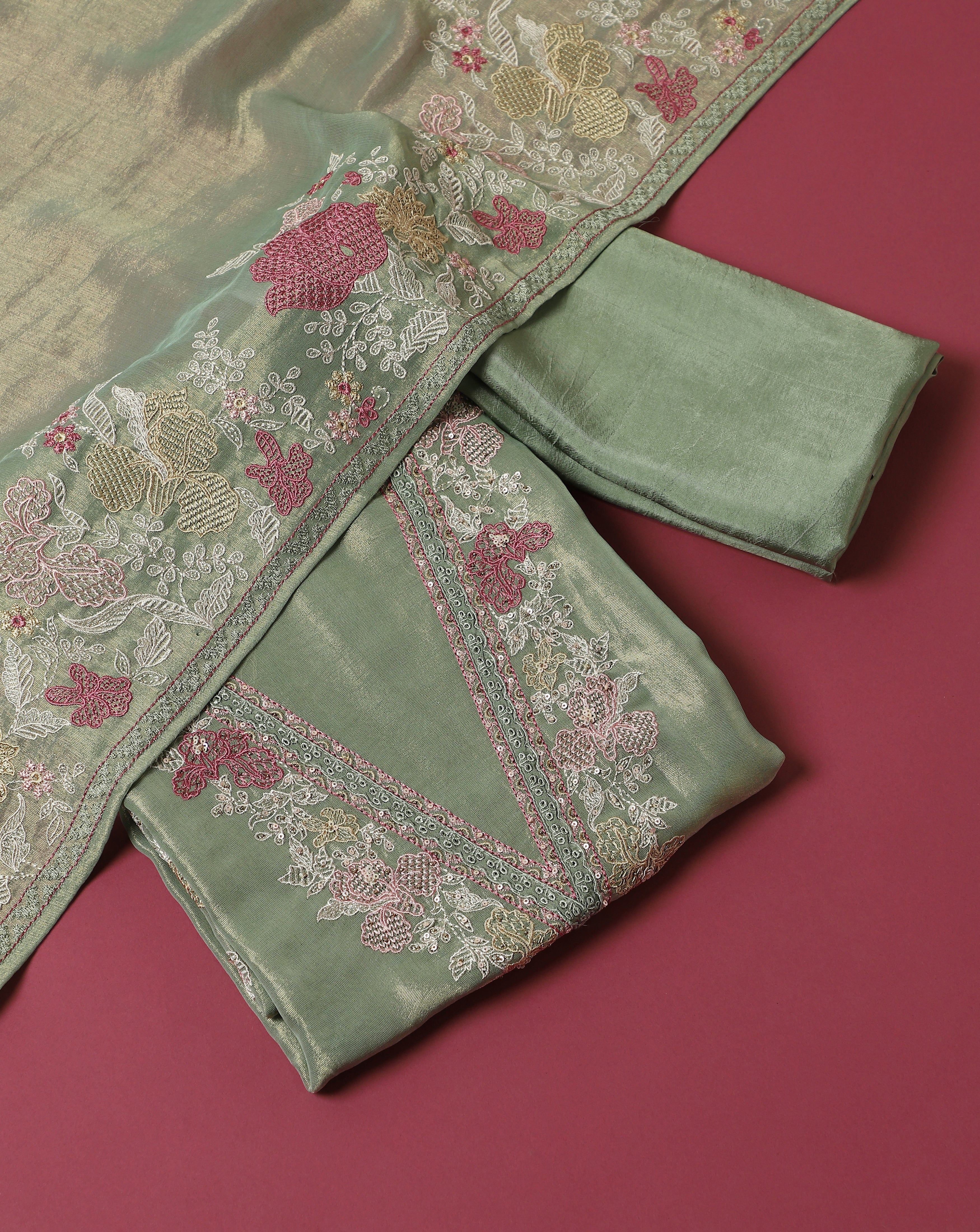 Luxe Soft Shimmer Embroidered Silk Suit Set