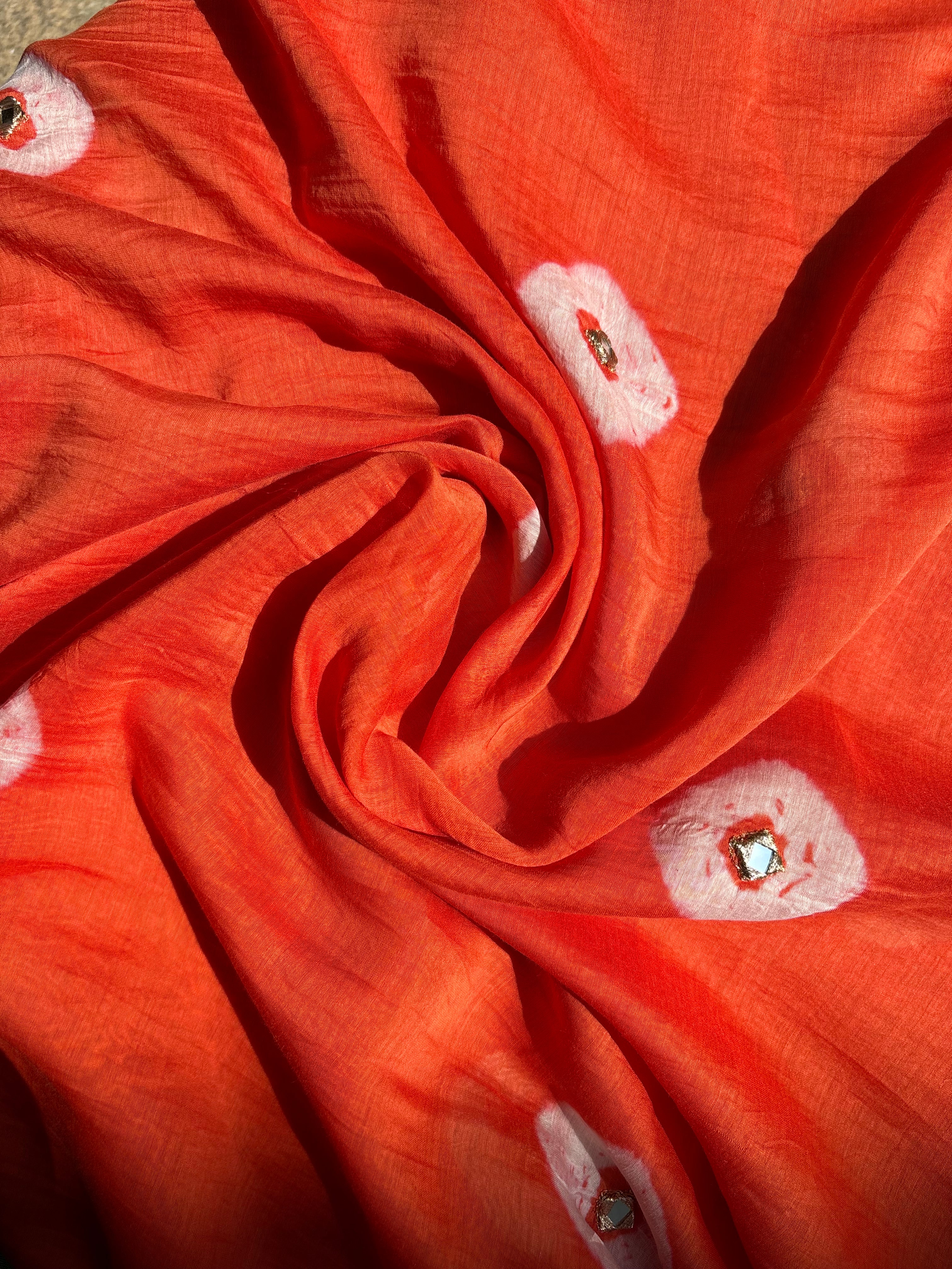 Afreen Orange Bandhani with Mirror work Cotton Fabric