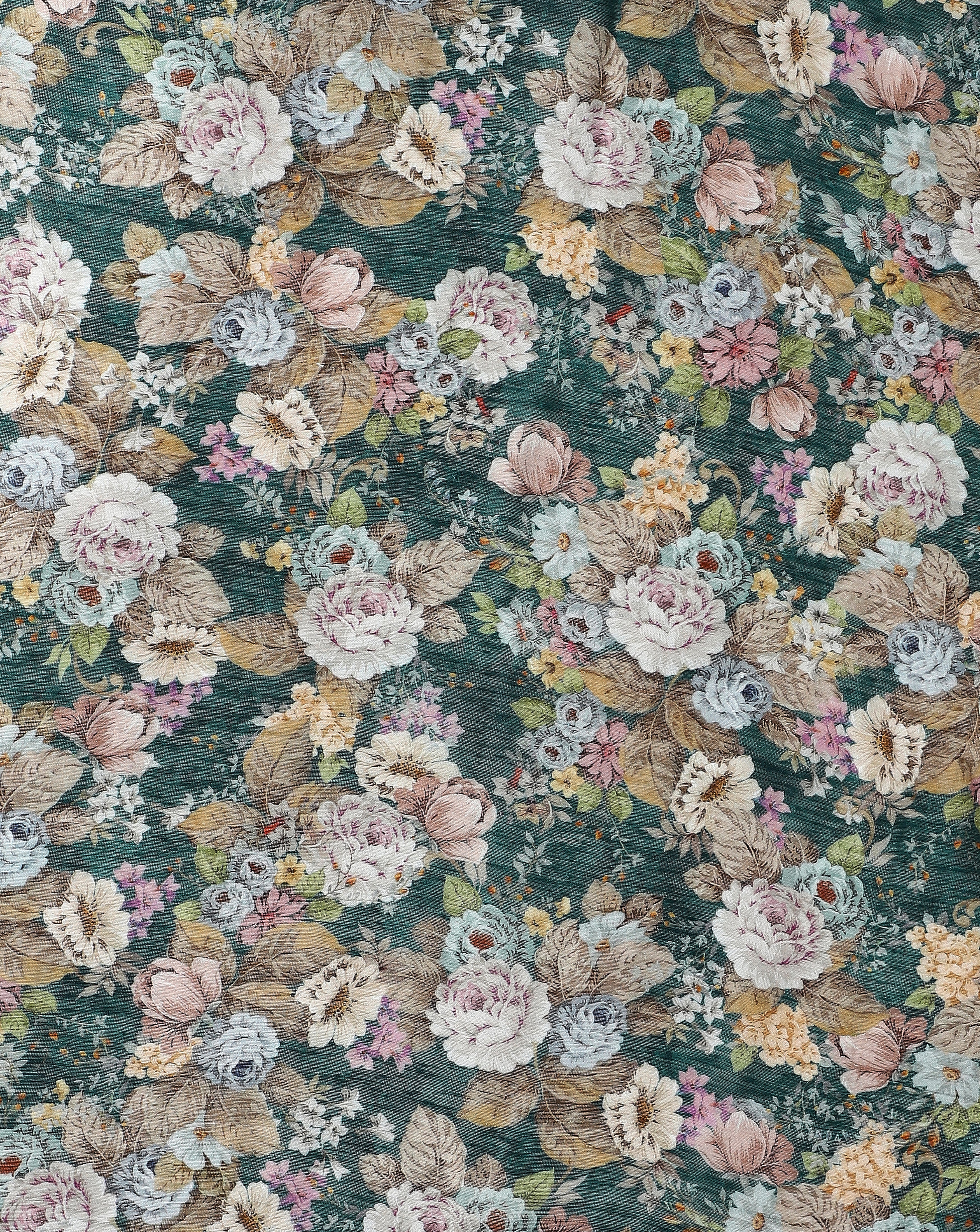 Bottle Green Print Linen Blend Fabric