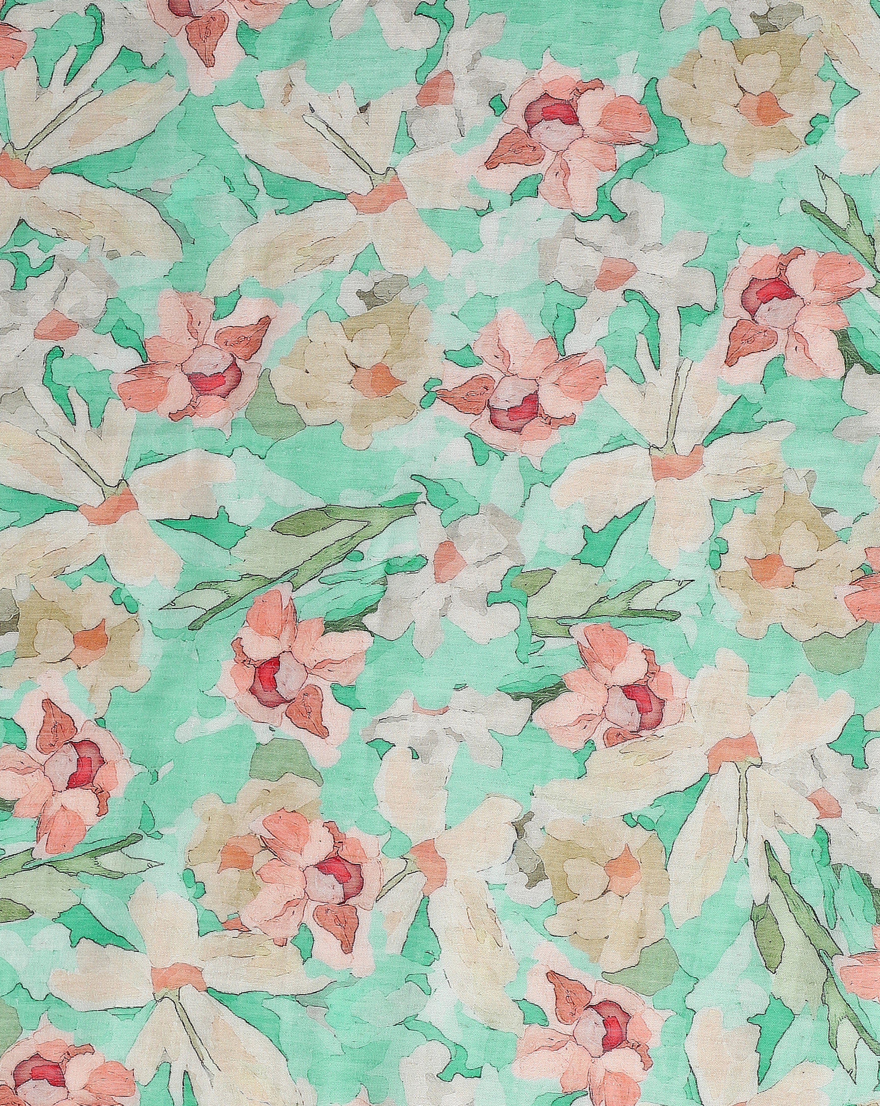Linen Aqua Green Floral Print Linen Blend Fabric