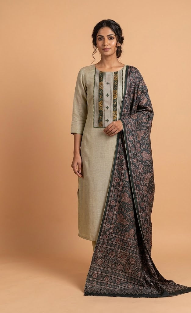 Beige With Green chanderi Silk unstitched Suit Set