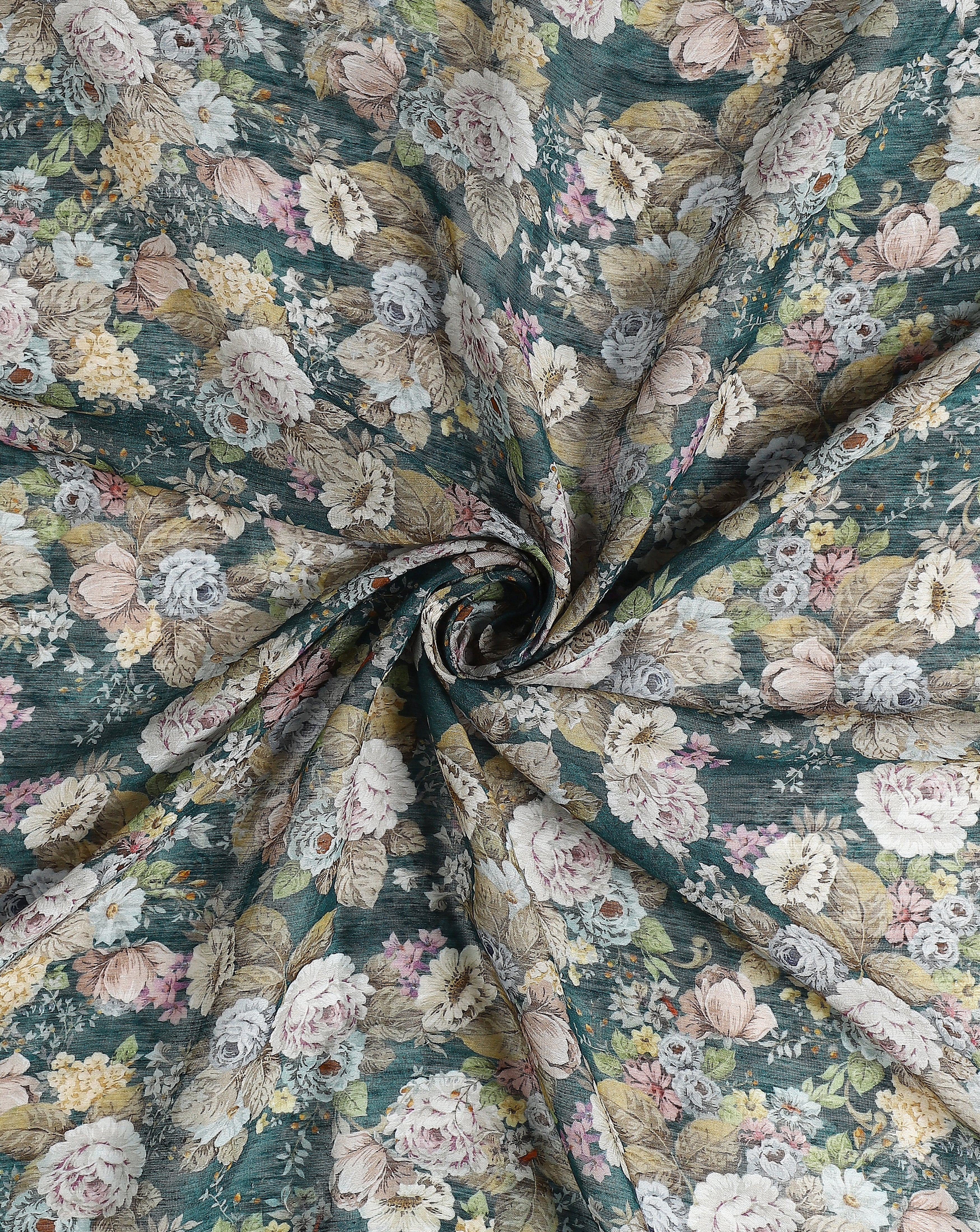 Bottle Green Print Linen Blend Fabric