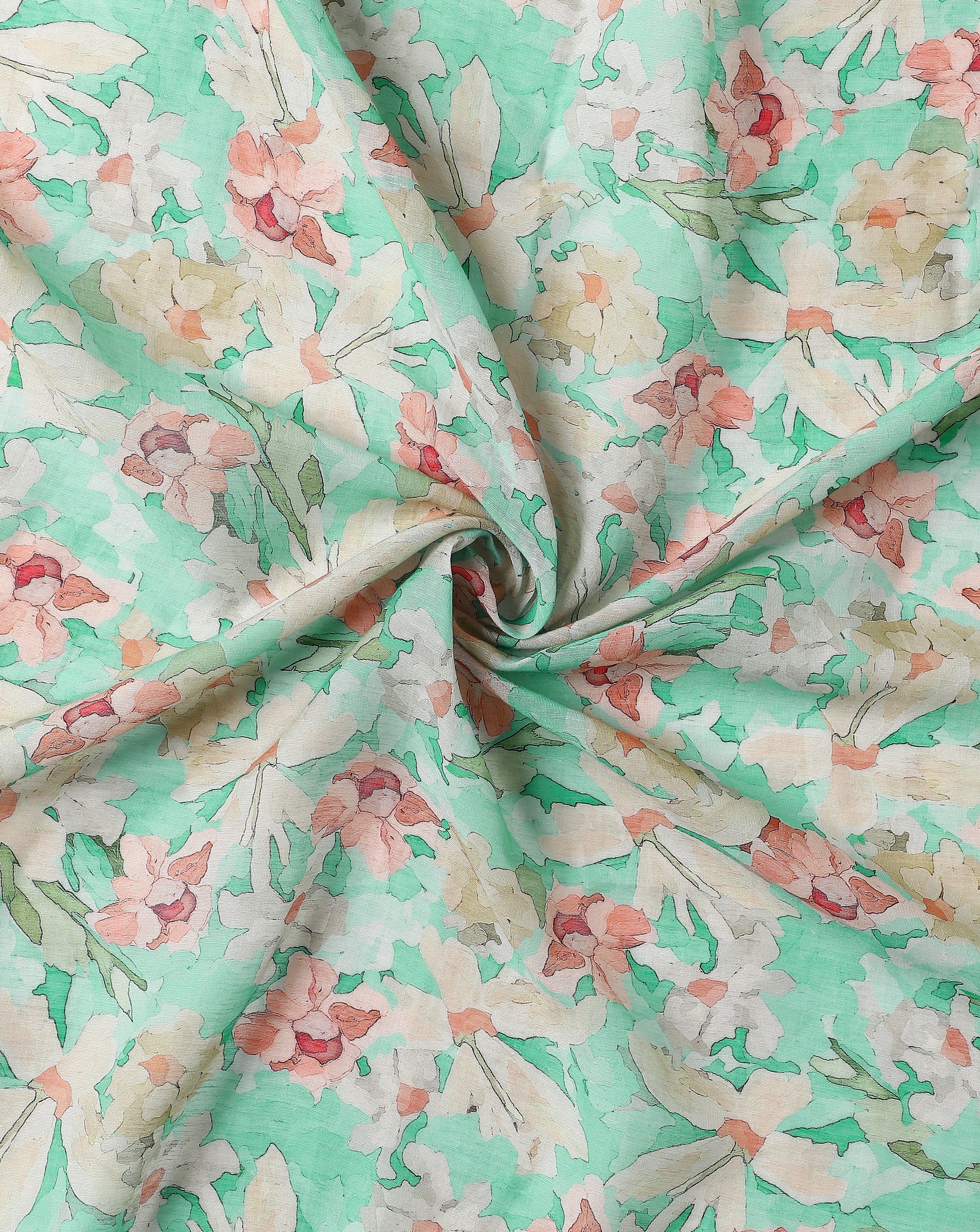 Linen Aqua Green Floral Print Linen Blend Fabric