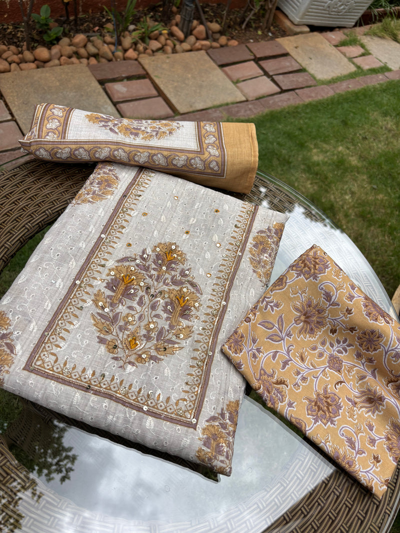 Linen Chanderi Yellow Unstitched Suit Set Sterling House