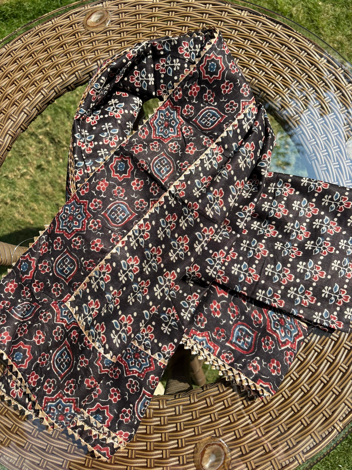 Black Floral Block Printed Dupatta Sterling House
