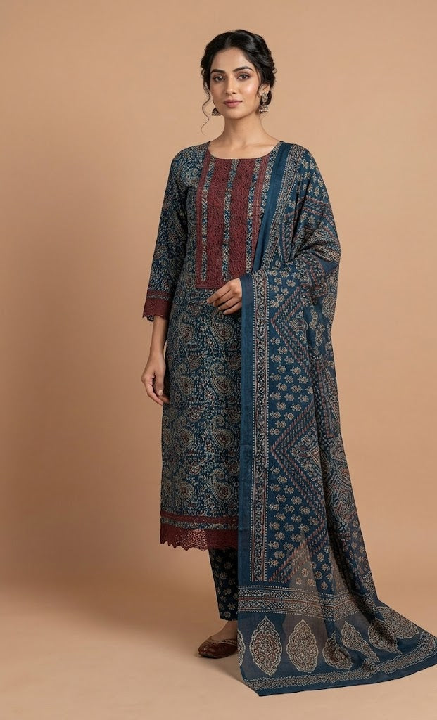 Roze Soft Cotton Blue Unstitched Suit Set