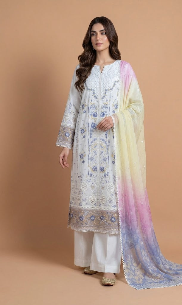Afreen Soft Cotton White Unstitched Suit Set