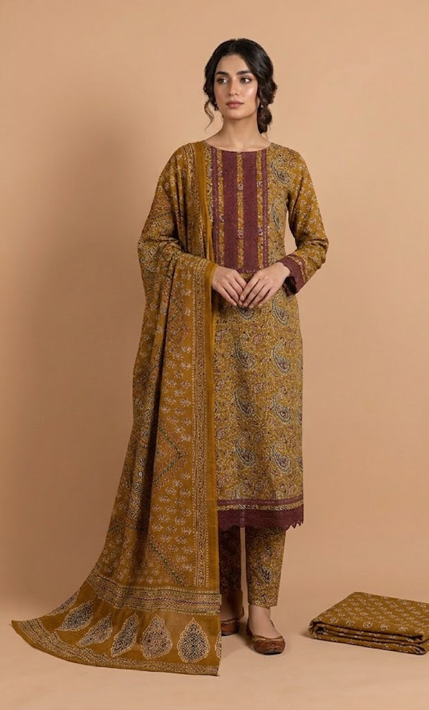 Roze Soft Cotton Golden Unstitched Suit Set