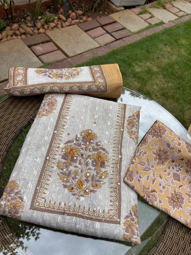 Linen Chanderi Yellow Unstitched Suit Set Sterling House