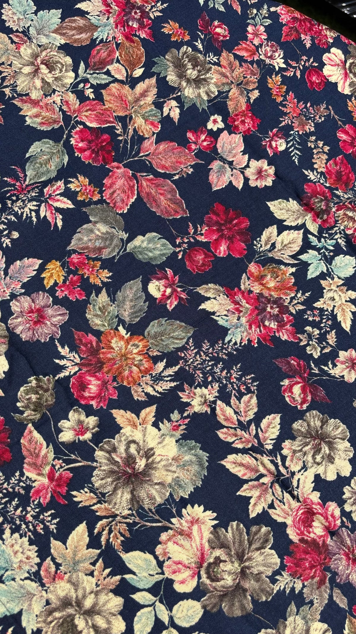 Navy Vintage Floral Printed Rayon Fabric