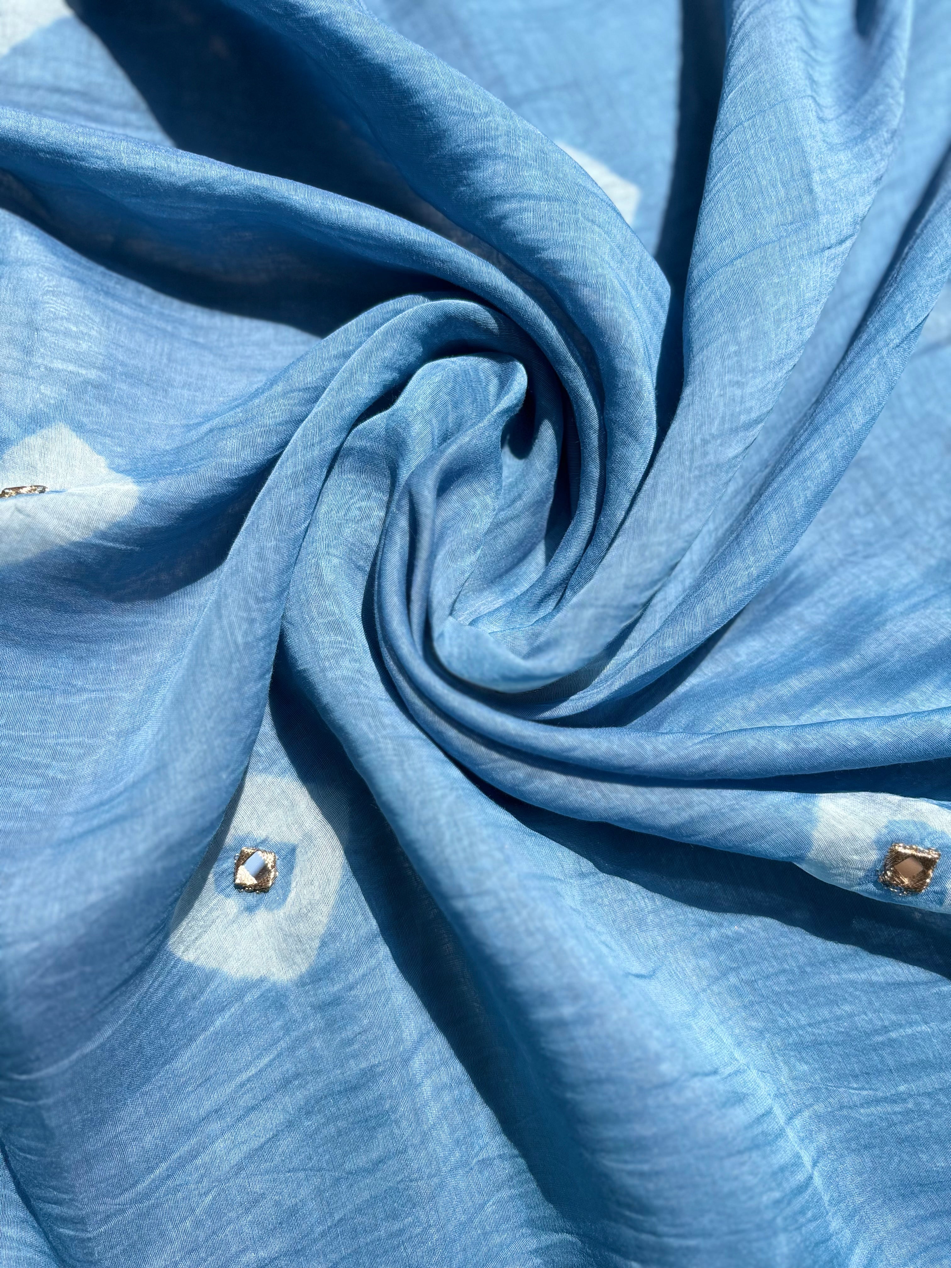 Afreen Blue Bandhani with mirror work Cotton fabric