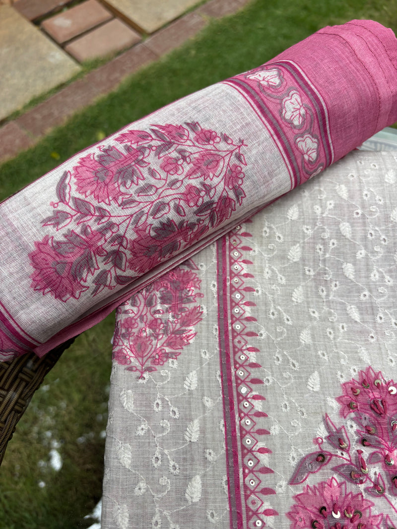 Linen Chanderi Pink Unstitched Suit Set Sterling House
