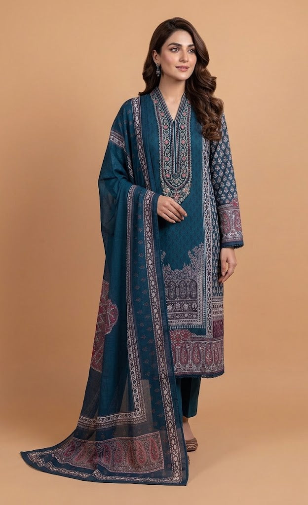 Afreen Blue Cotton Unstitched Suit set