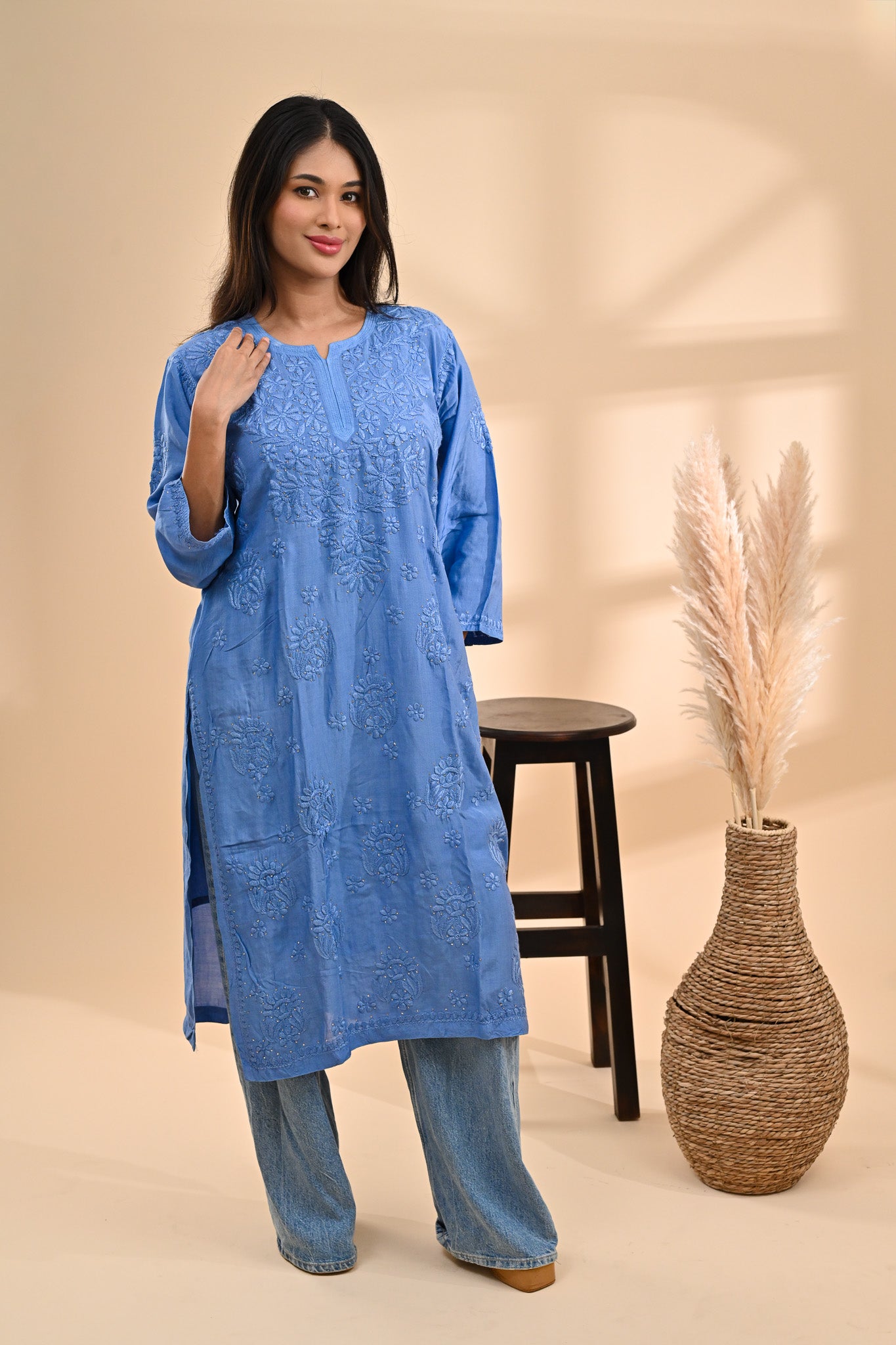 Blue Modal Chikankari Readymade Kurta Sterling House