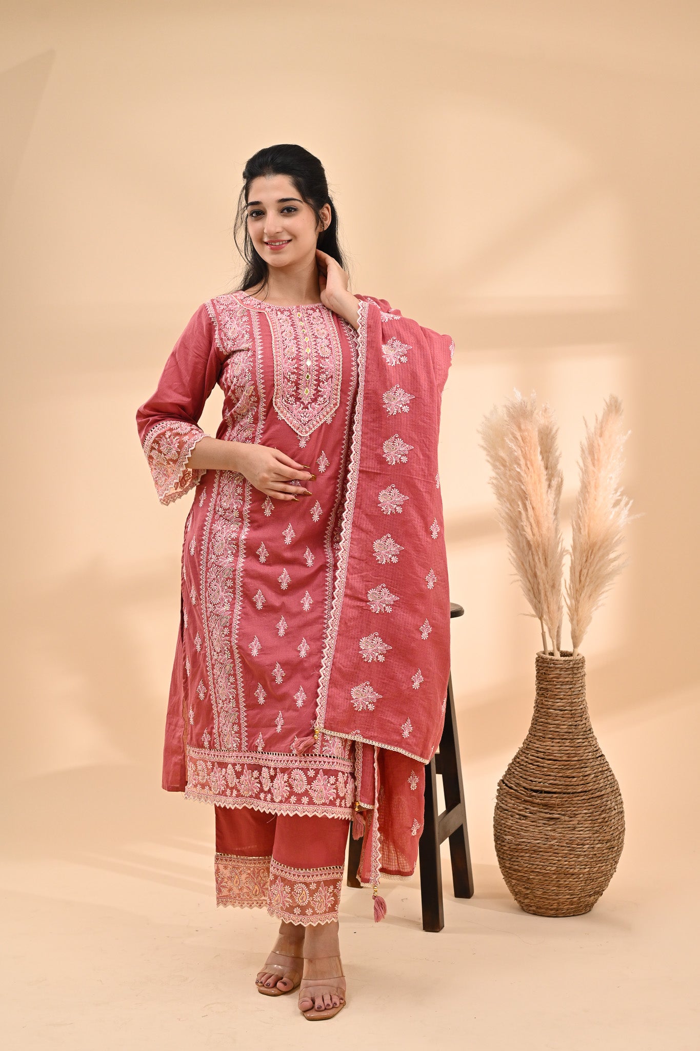 Rose-Pink Cotton Chikankari Readymade Set Sterling House