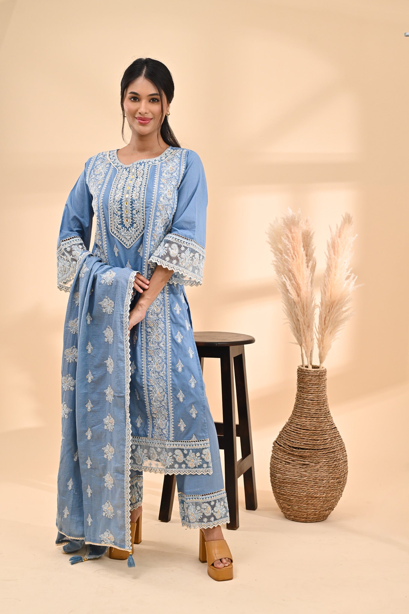 Powder-Blue Cotton Chikankari Readymade Set Sterling House