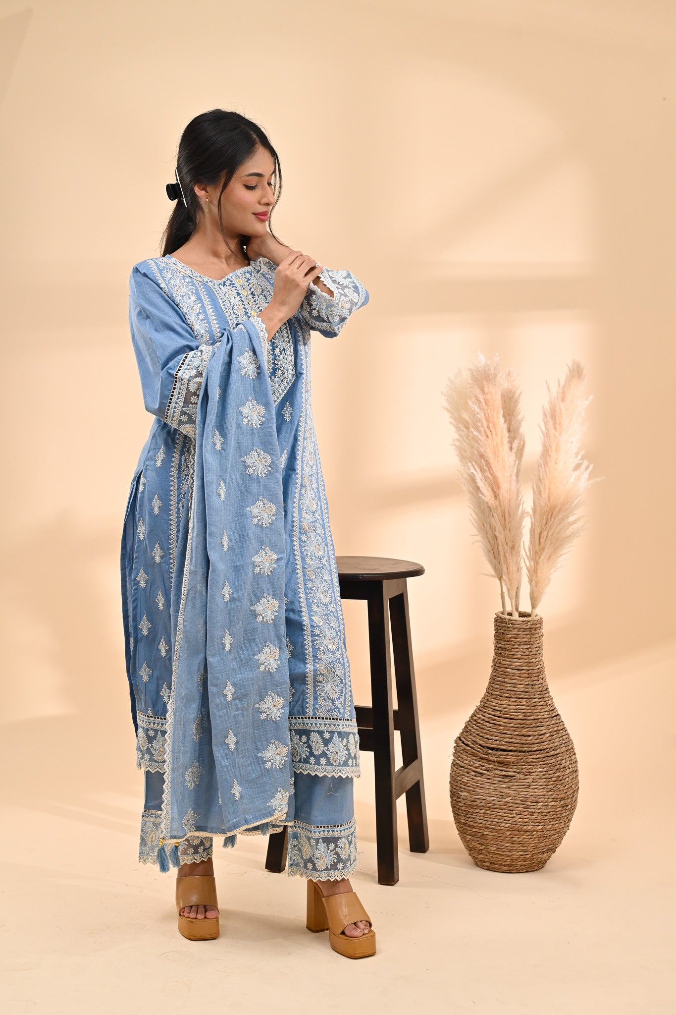 Powder-Blue Cotton Chikankari Readymade Set Sterling House