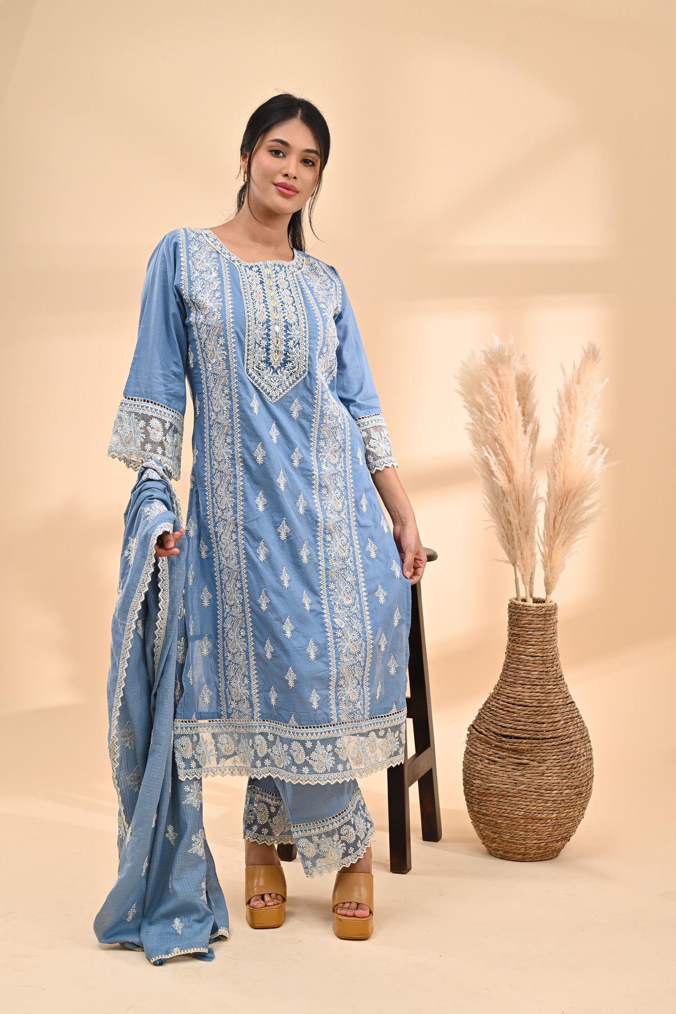 Powder-Blue Cotton Chikankari Readymade Set Sterling House