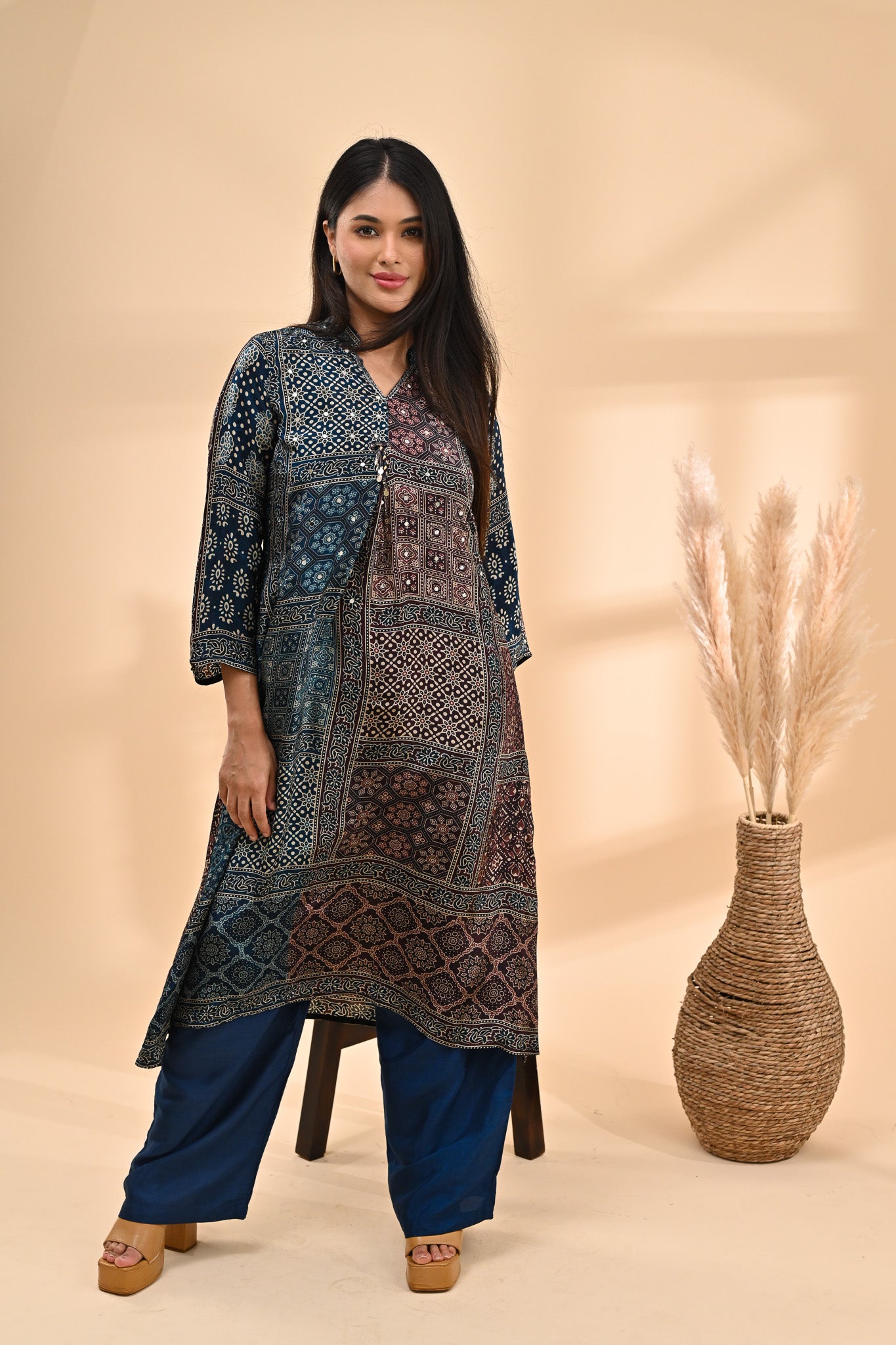 Deep Indigo Modal Ajrak Print Readymade Set Sterling House