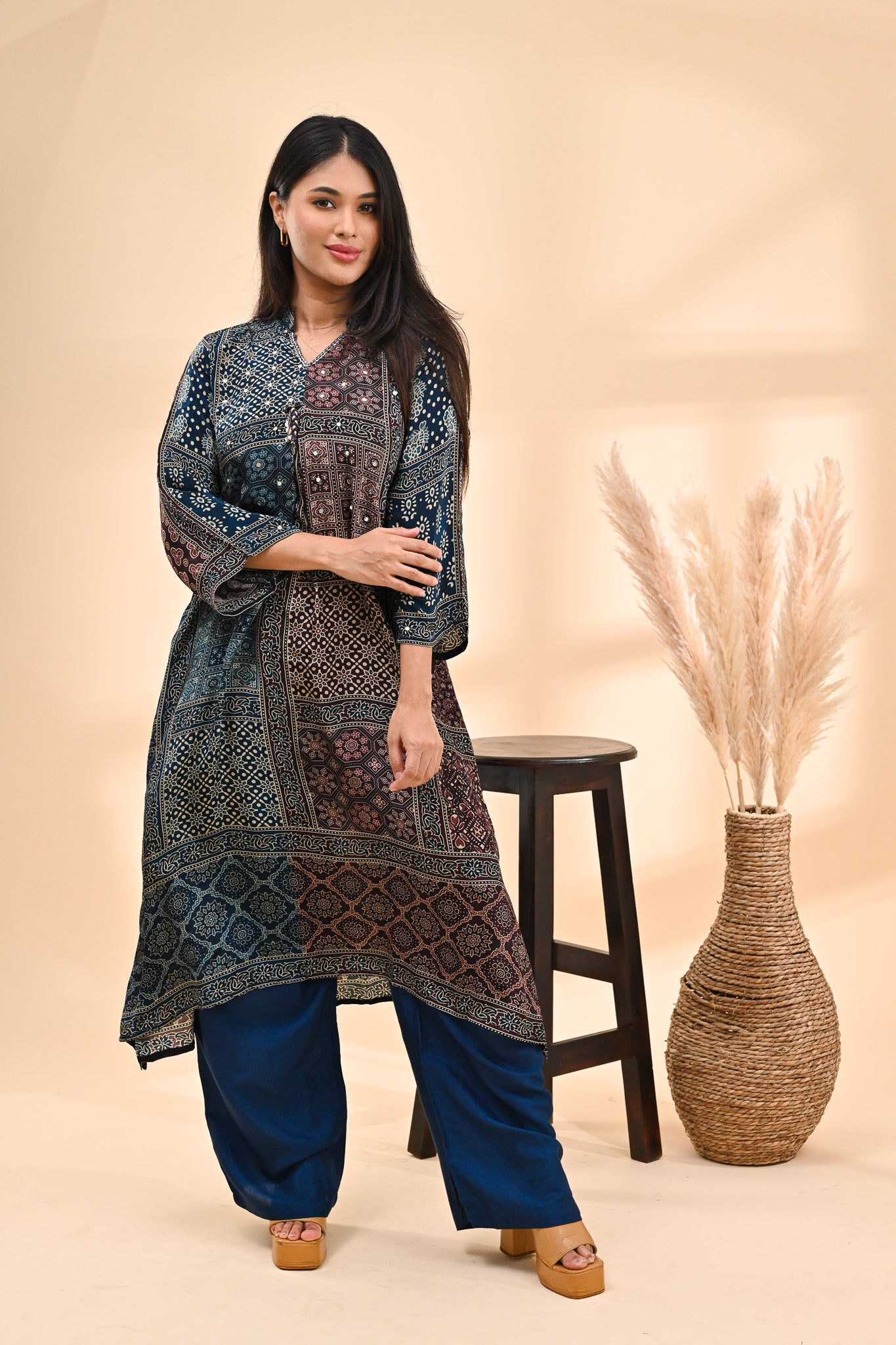 Deep Indigo Modal Ajrak Print Readymade Set Sterling House