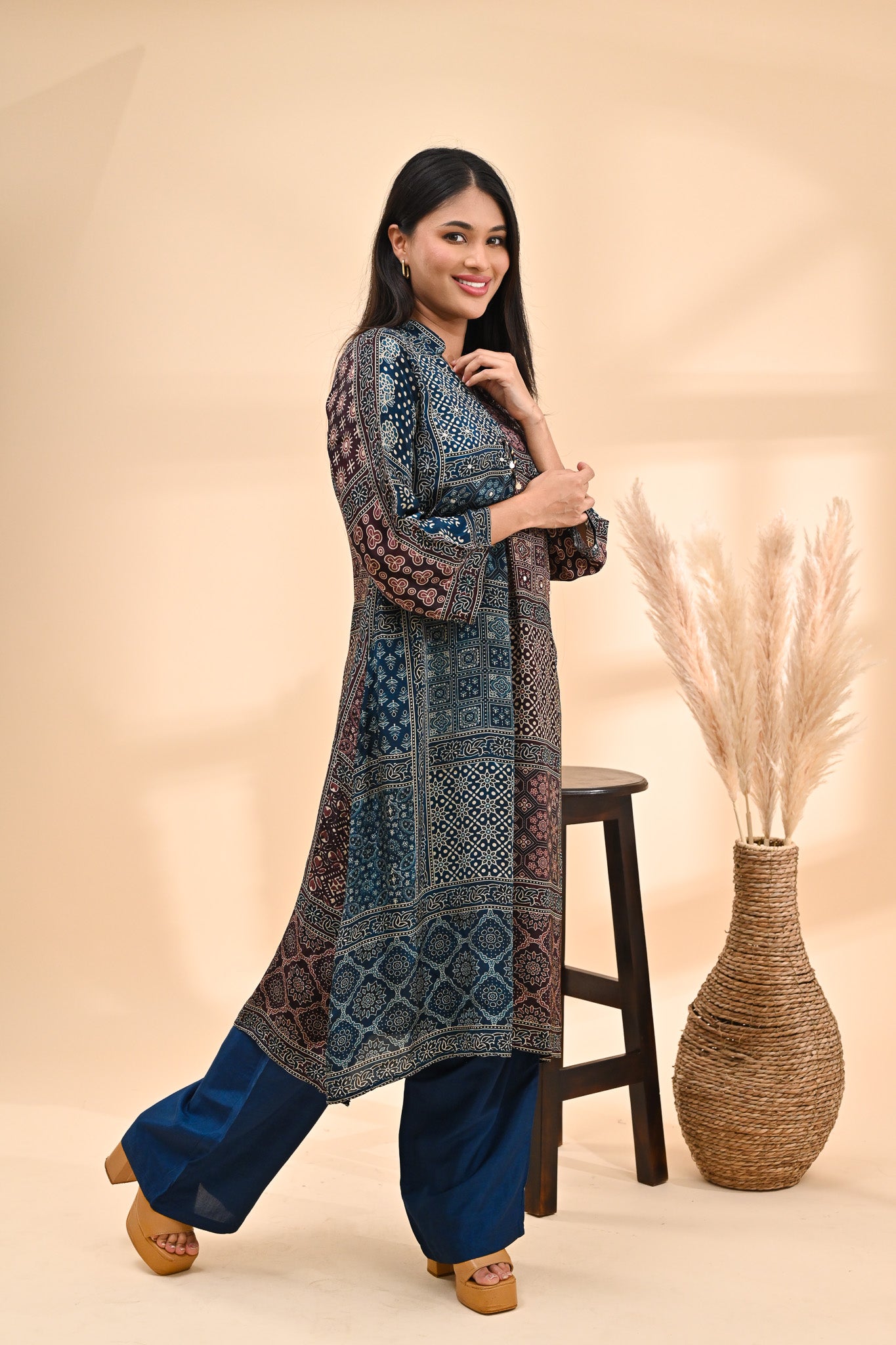 Deep Indigo Modal Ajrak Print Readymade Set Sterling House