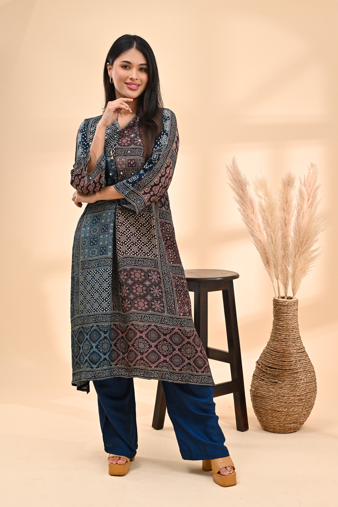 Deep Indigo Modal Ajrak Print Readymade Set Sterling House