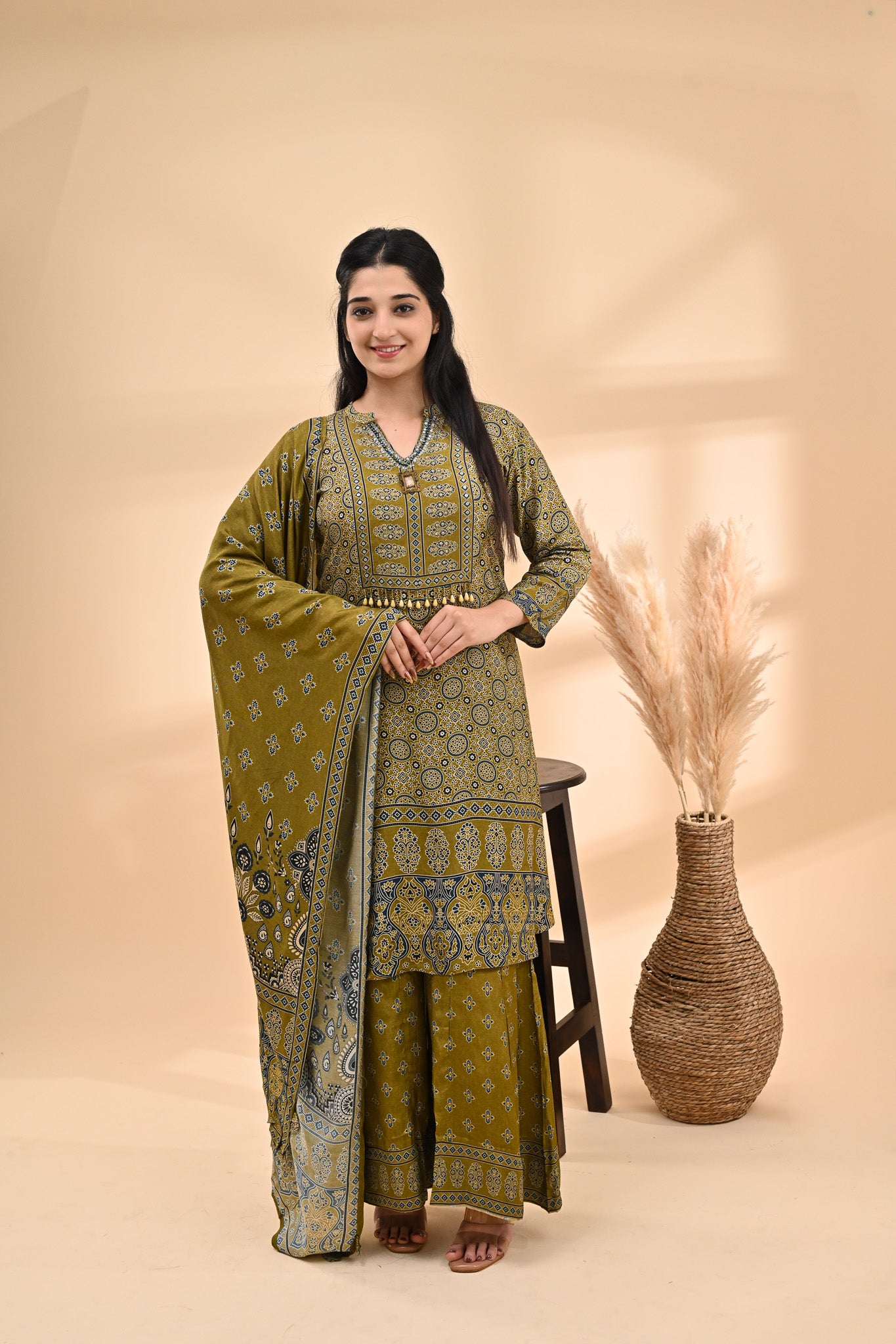 Olive-green Modal Ajrak Readymade Set Sterling House