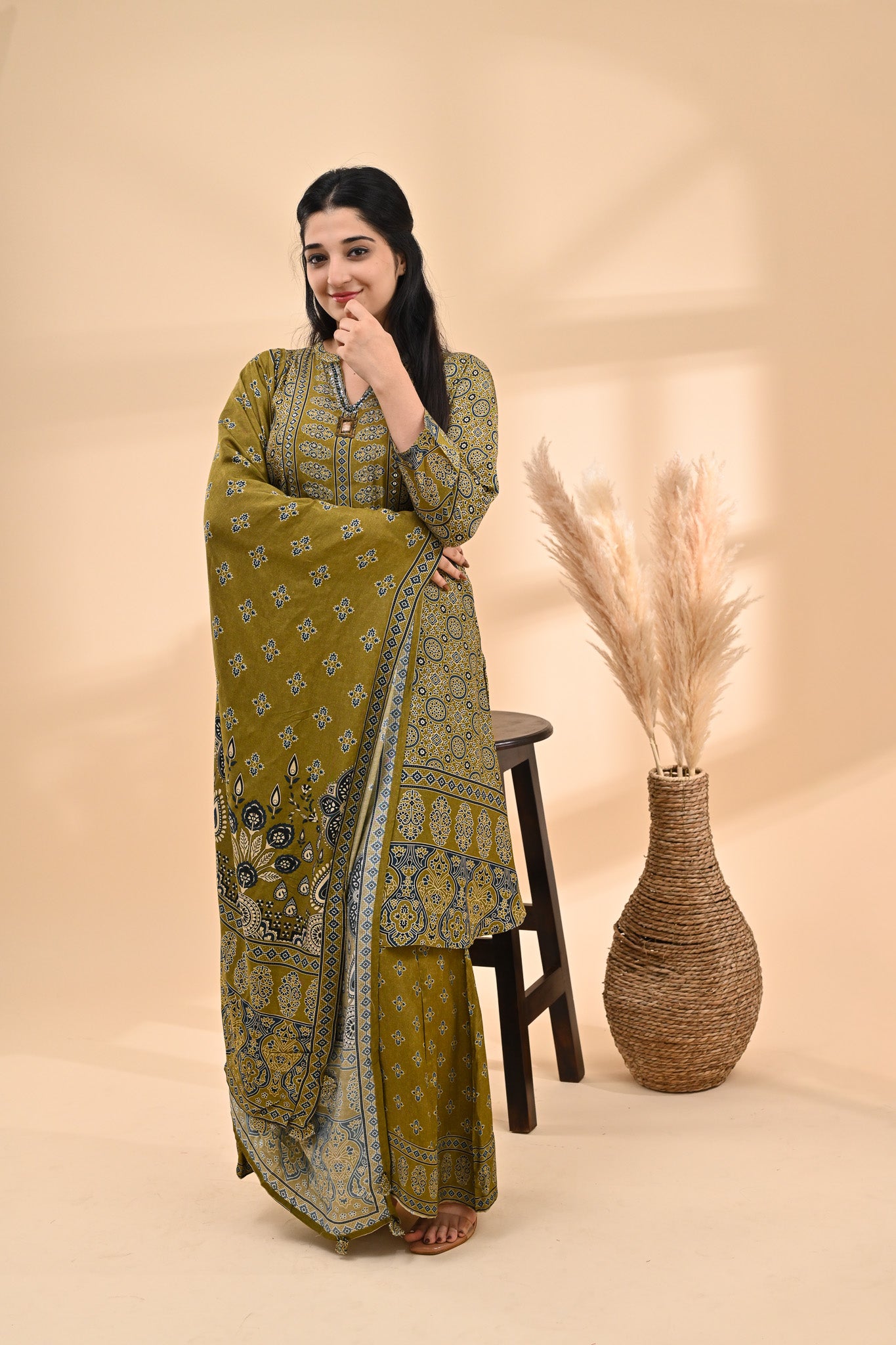 Olive-green Modal Ajrak Readymade Set Sterling House