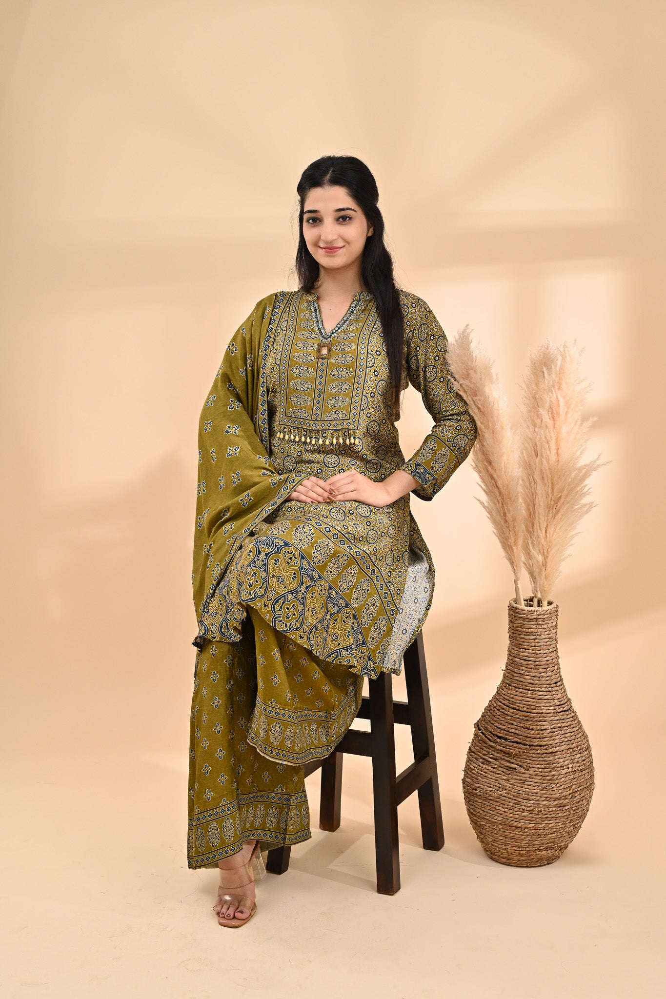 Olive-green Modal Ajrak Readymade Set Sterling House