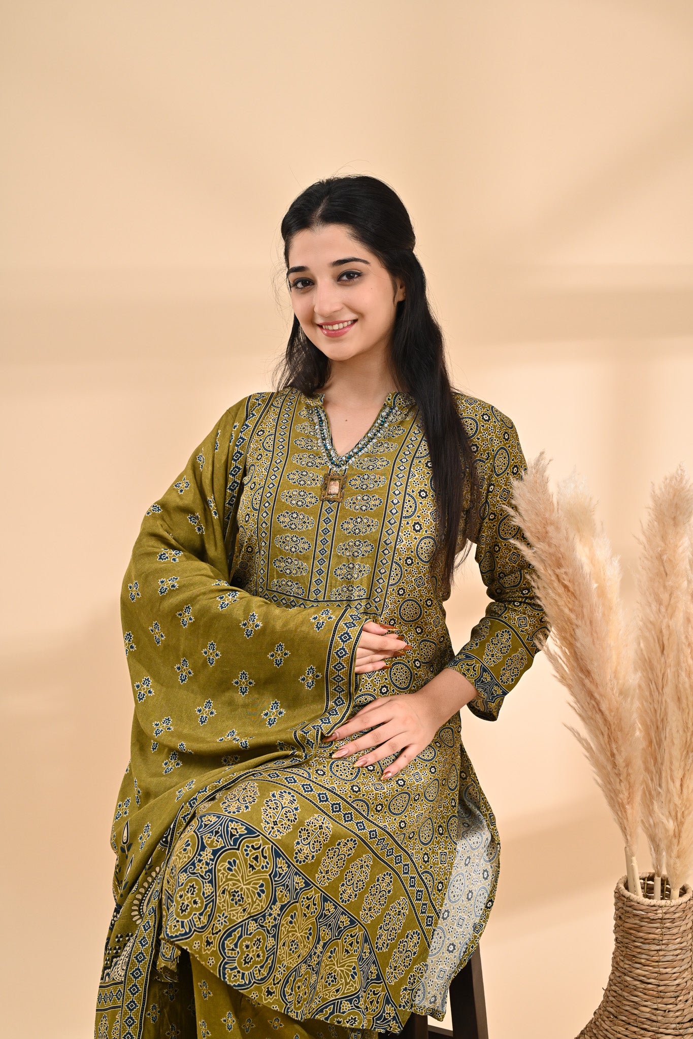 Olive-green Modal Ajrak Readymade Set Sterling House