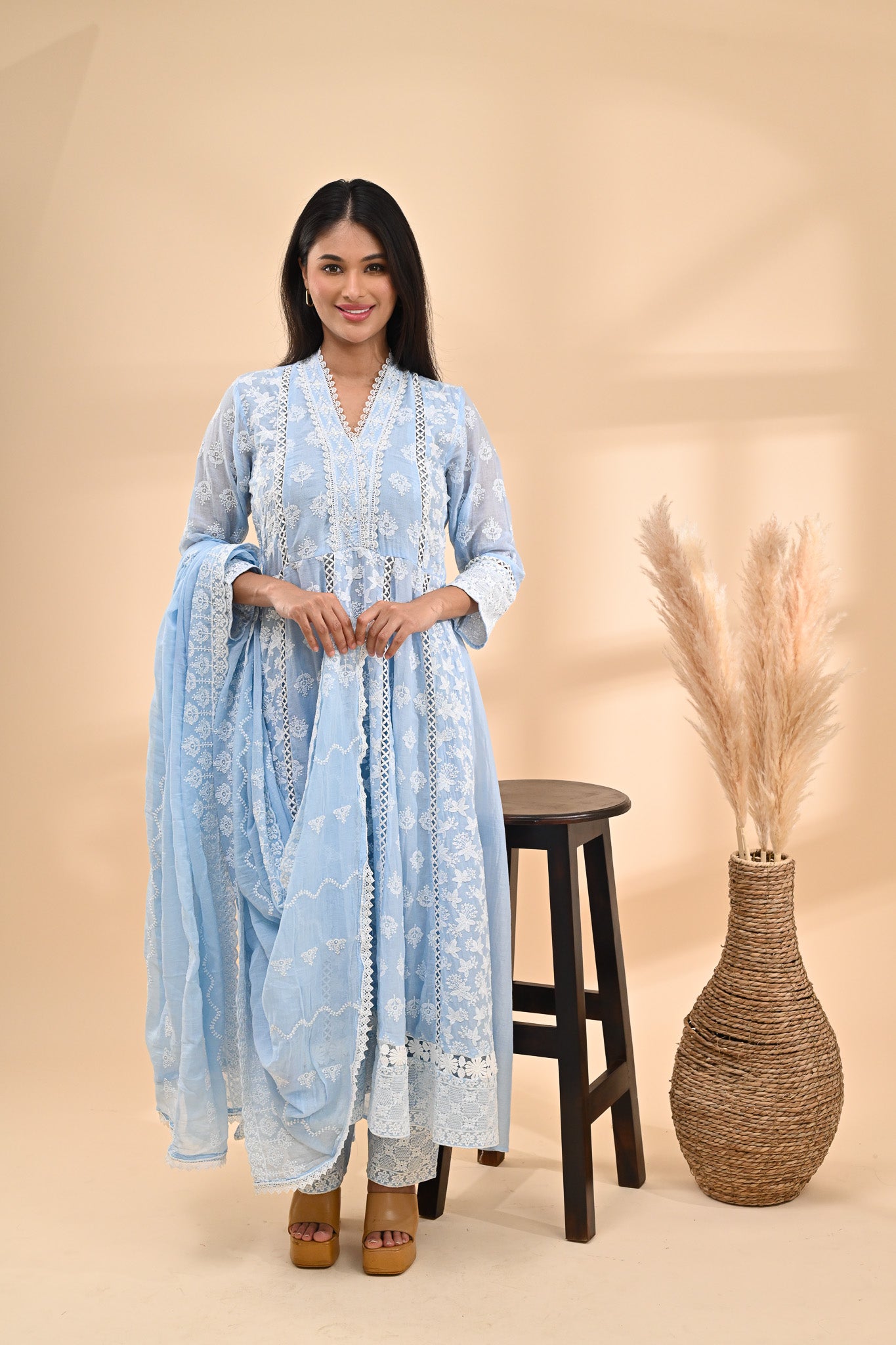 Powder-blue Cotton Anarkali Readymade Set Sterling House