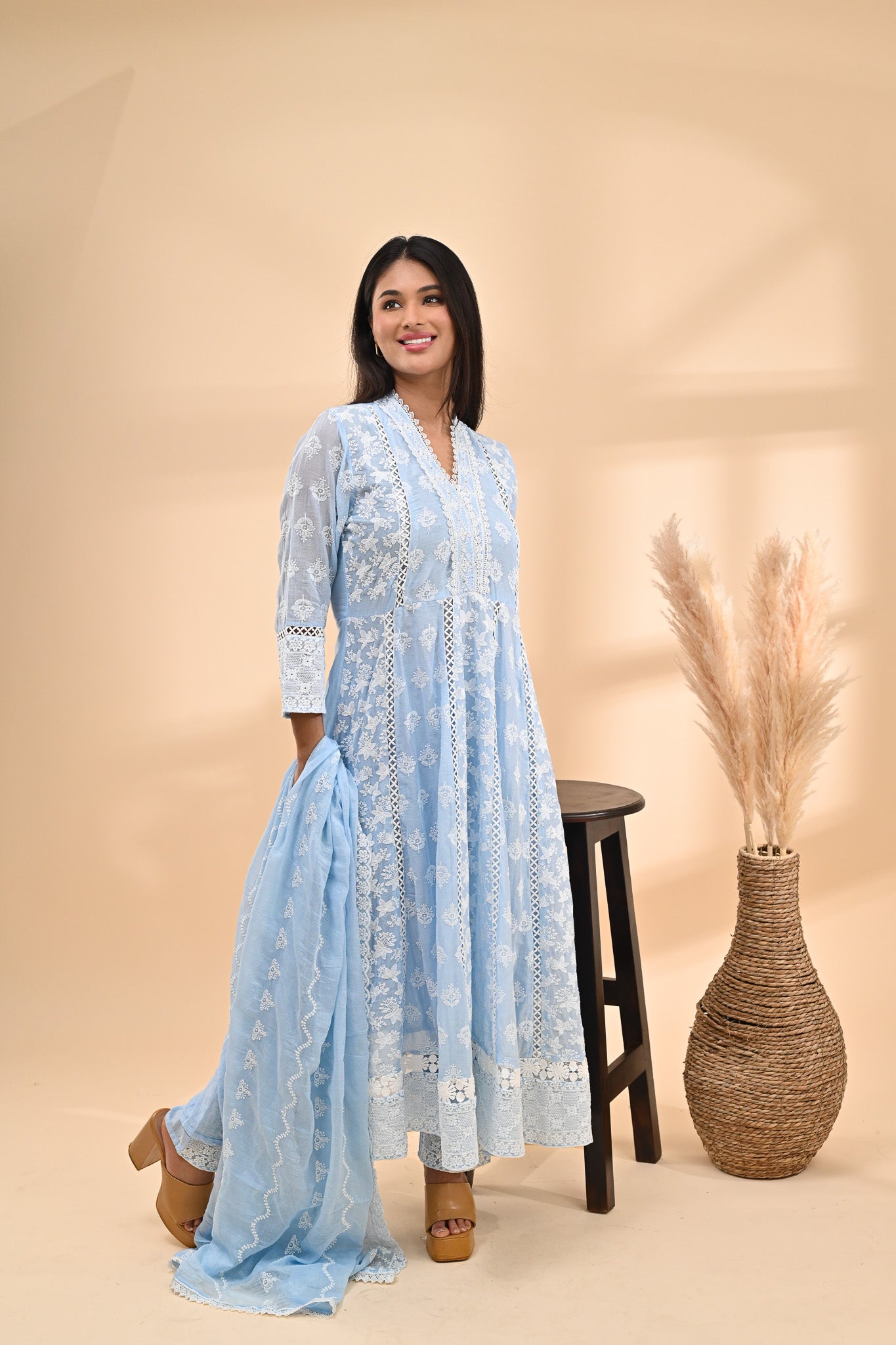 Powder-blue Cotton Anarkali Readymade Set Sterling House