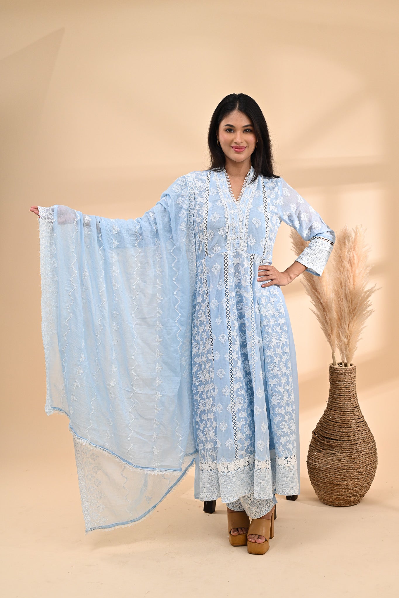 Powder-blue Cotton Anarkali Readymade Set Sterling House