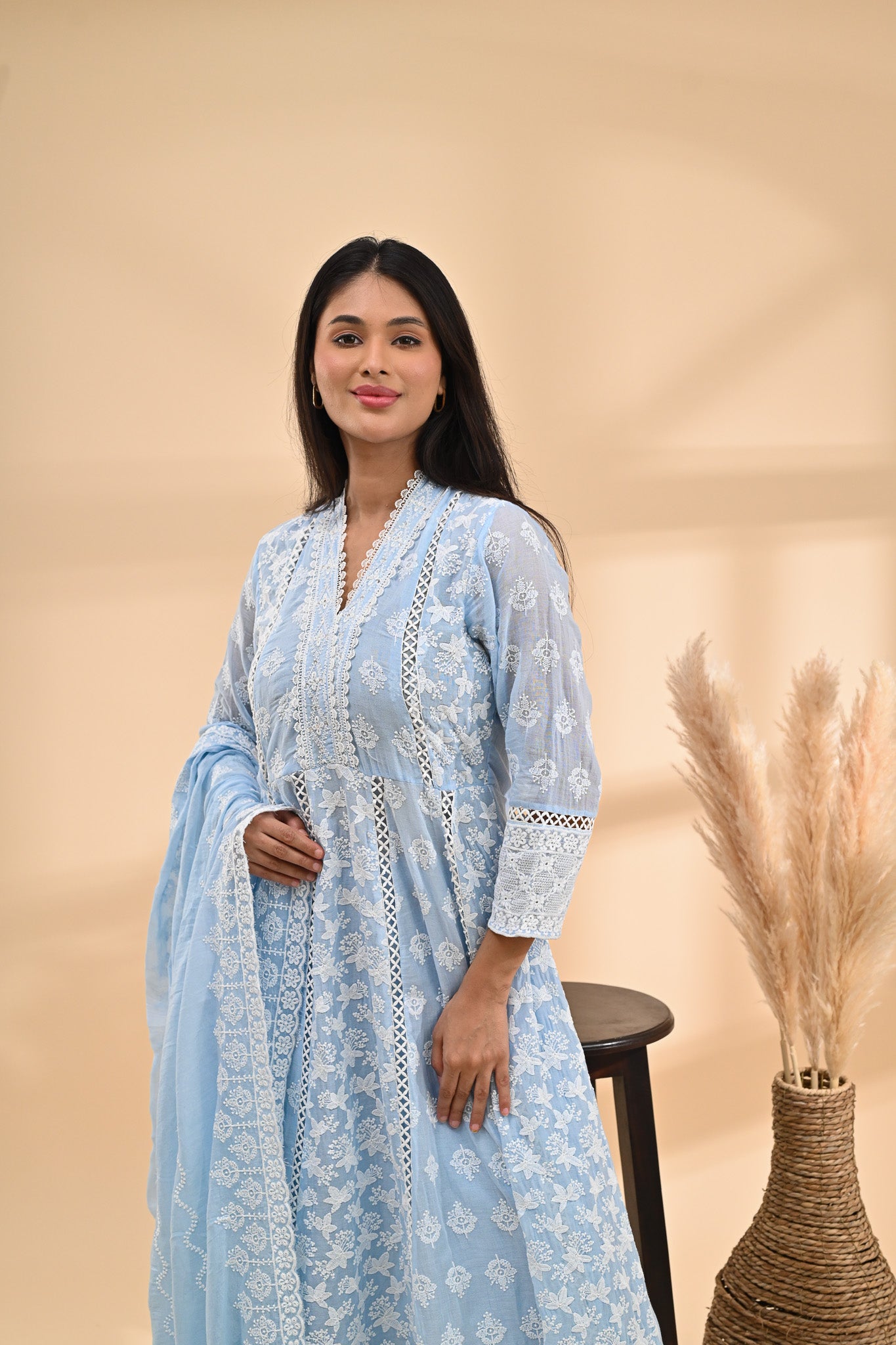Powder-blue Cotton Anarkali Readymade Set Sterling House