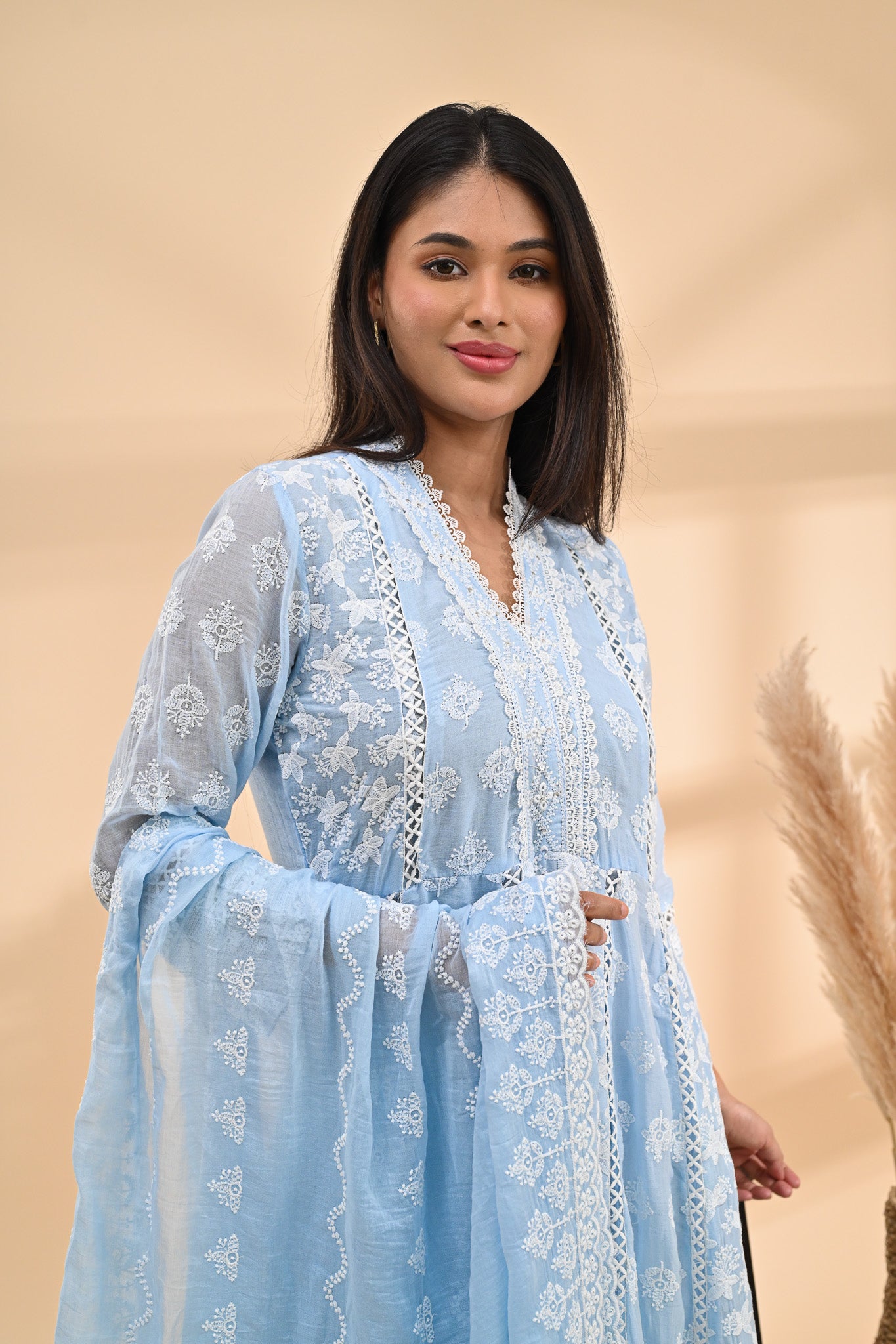 Powder-blue Cotton Anarkali Readymade Set Sterling House