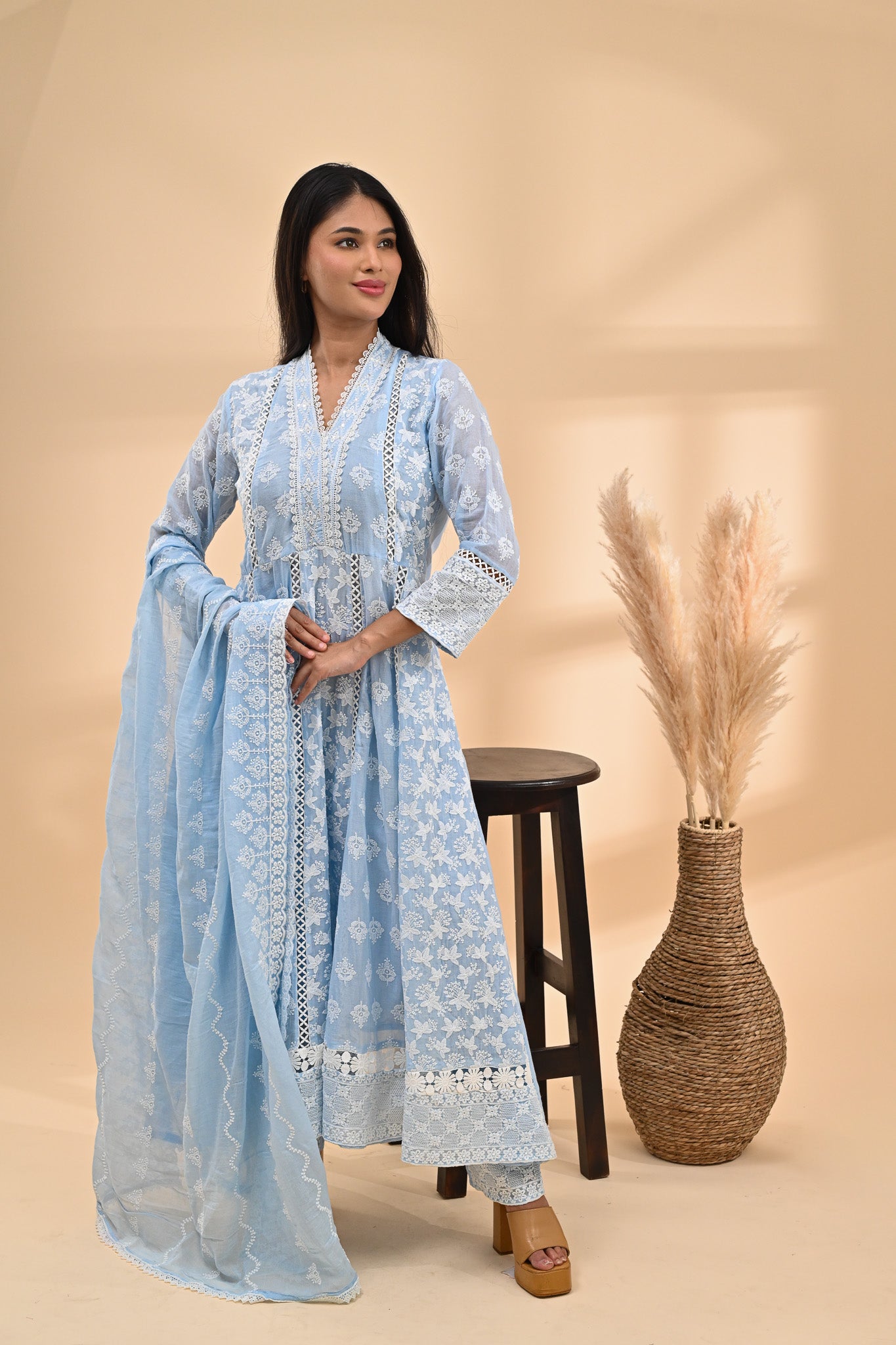 Powder-blue Cotton Anarkali Readymade Set Sterling House