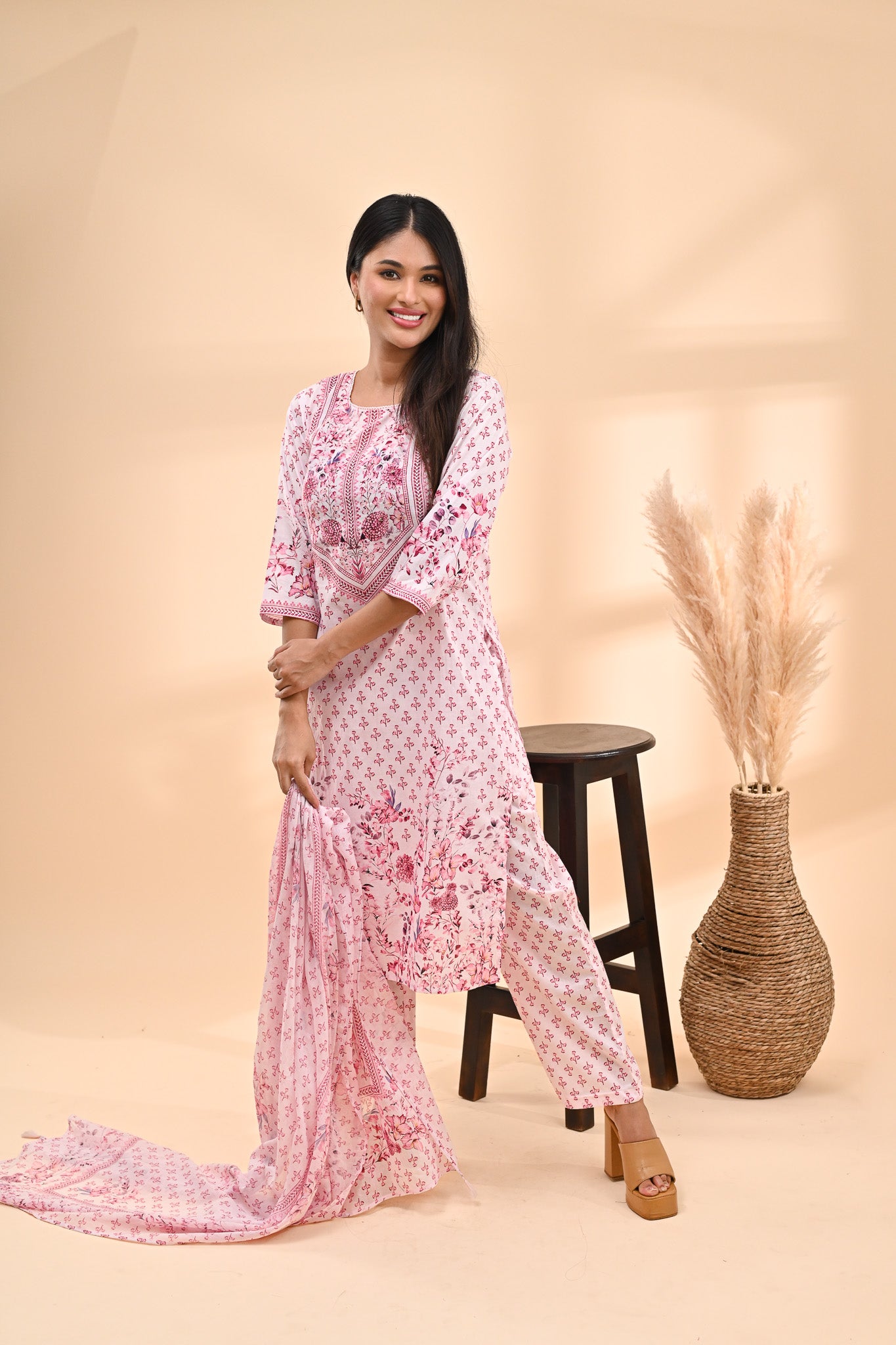 Baby-pink Cotton Printed Readymade set Sterling House
