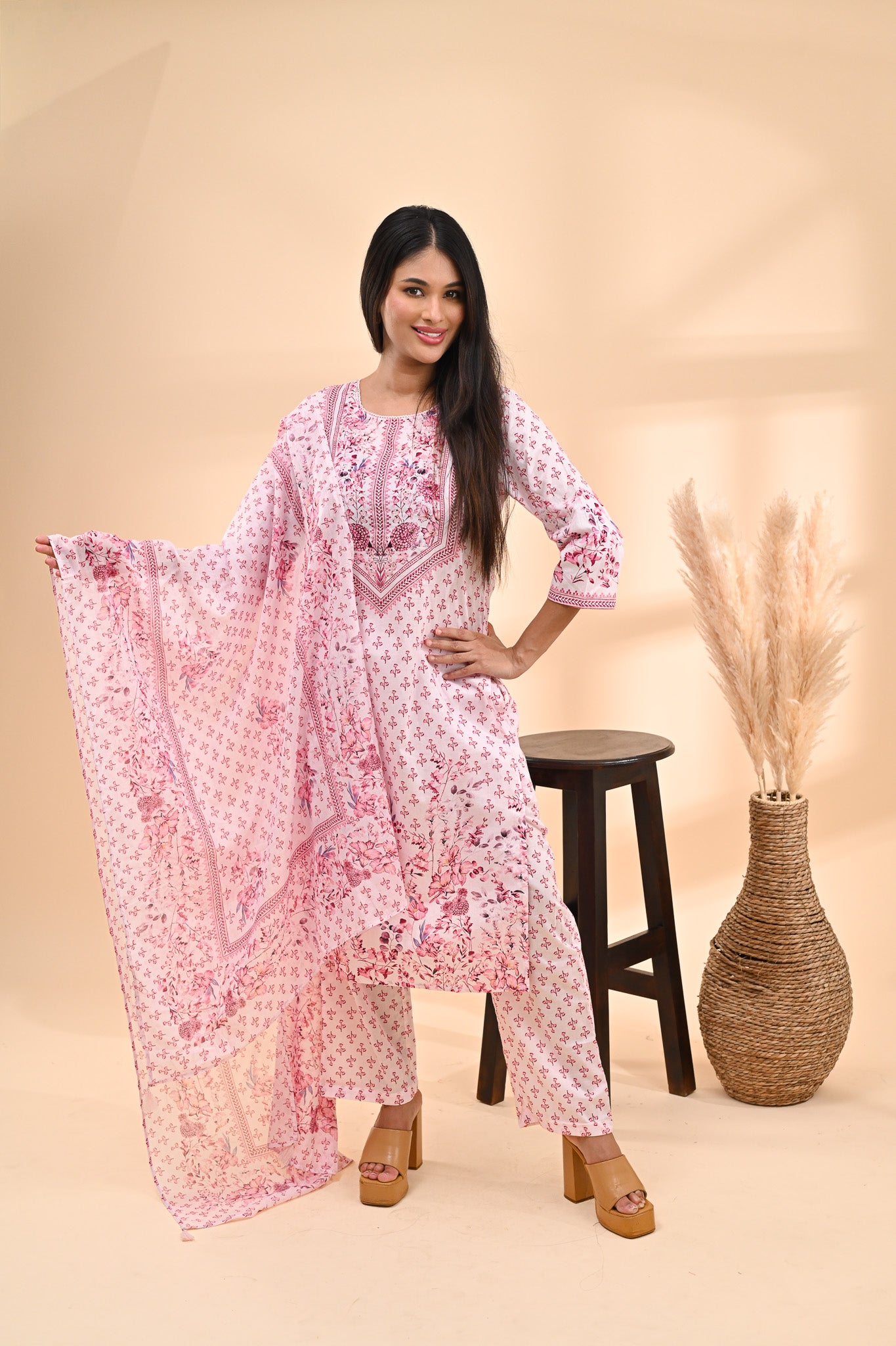 Baby-pink Cotton Printed Readymade set Sterling House
