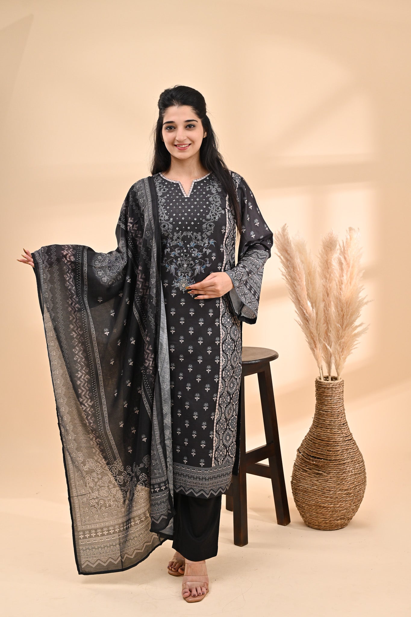 Charcoal black Muslin Readymade Set Sterling House