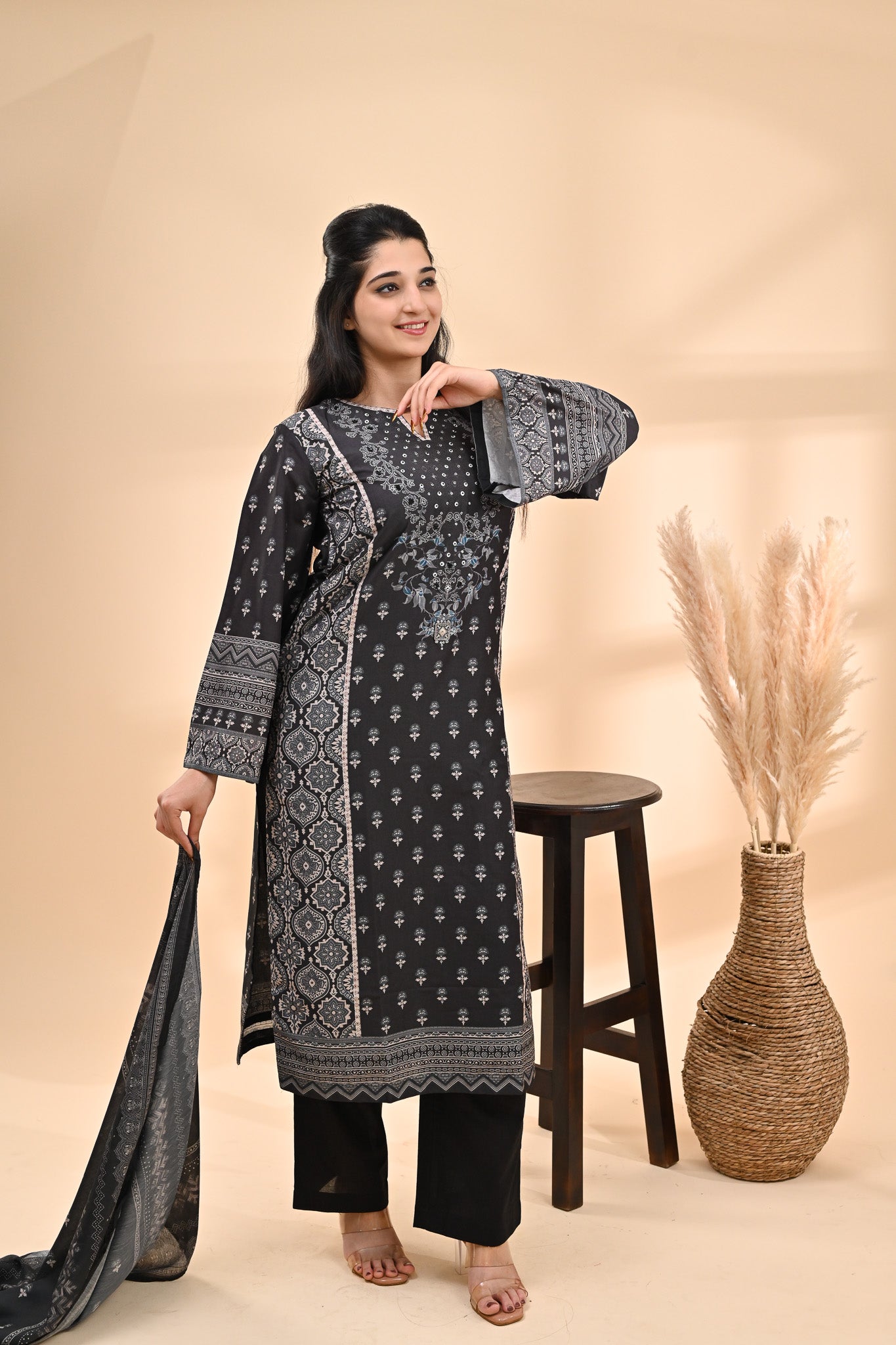 Charcoal black Muslin Readymade Set Sterling House